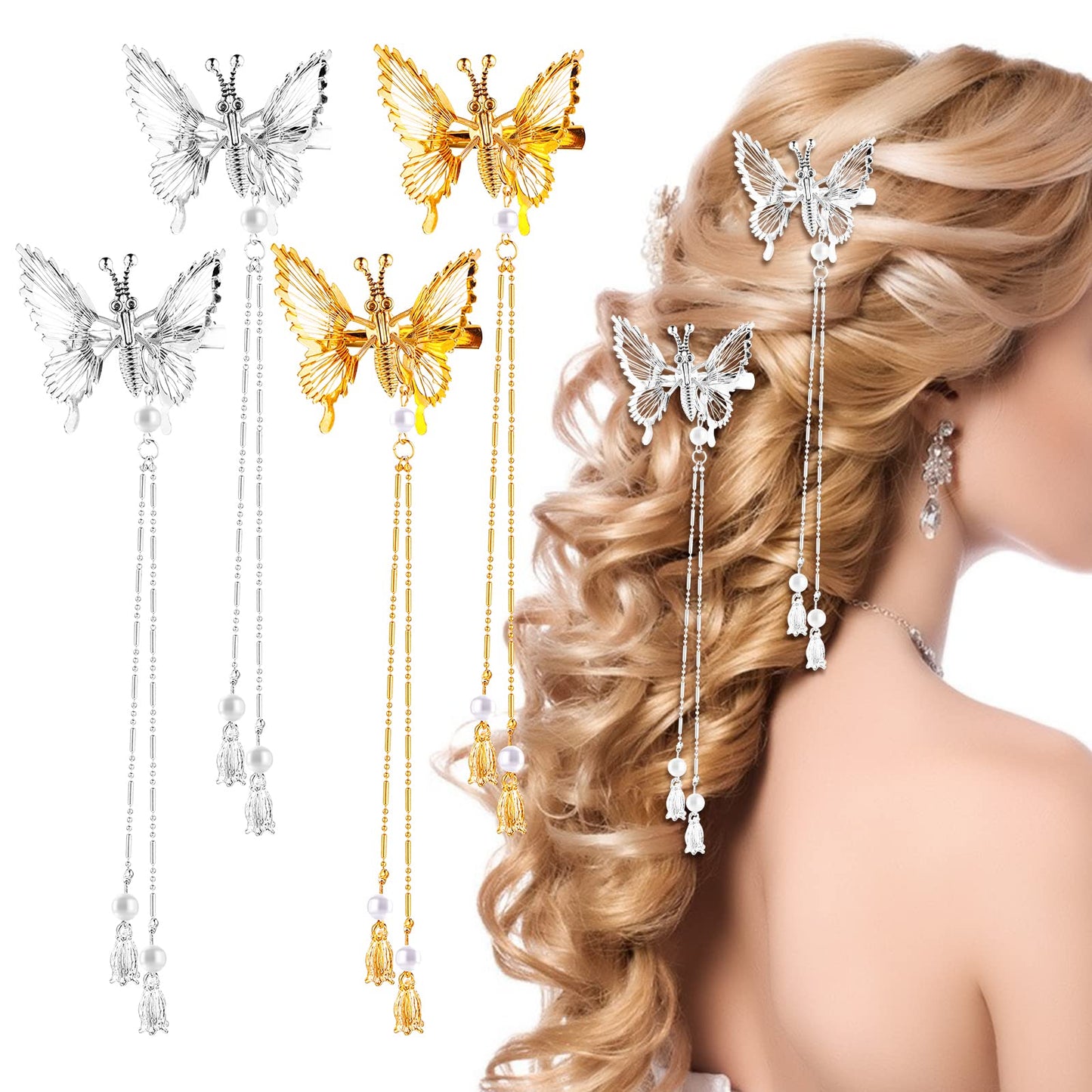 Sibba 4 Pcs Butterfly Hair Clips Pins, Alloy Glitter Barrettes Tassel 3D Moving Butterfly Hairpins French Side Hollow Metal Cute Clip for Women Girls Wedding Hair Fashion Accessories (Gold + Silver)