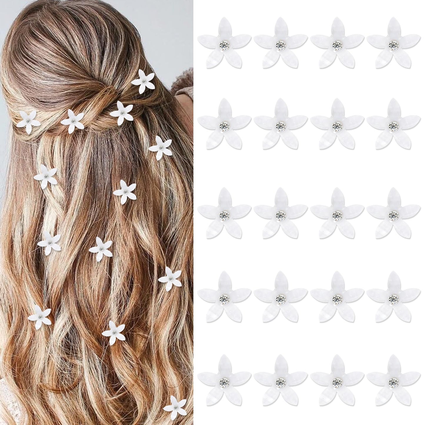 Sibba Mini White Flower Hair Clips 20 Pcs Rhinestone Bridal Hair Barrettes Decorative Hair Pins Wedding Hair Barrettes Cute Flores Headpieces Women Hair Accessories for Party DIY