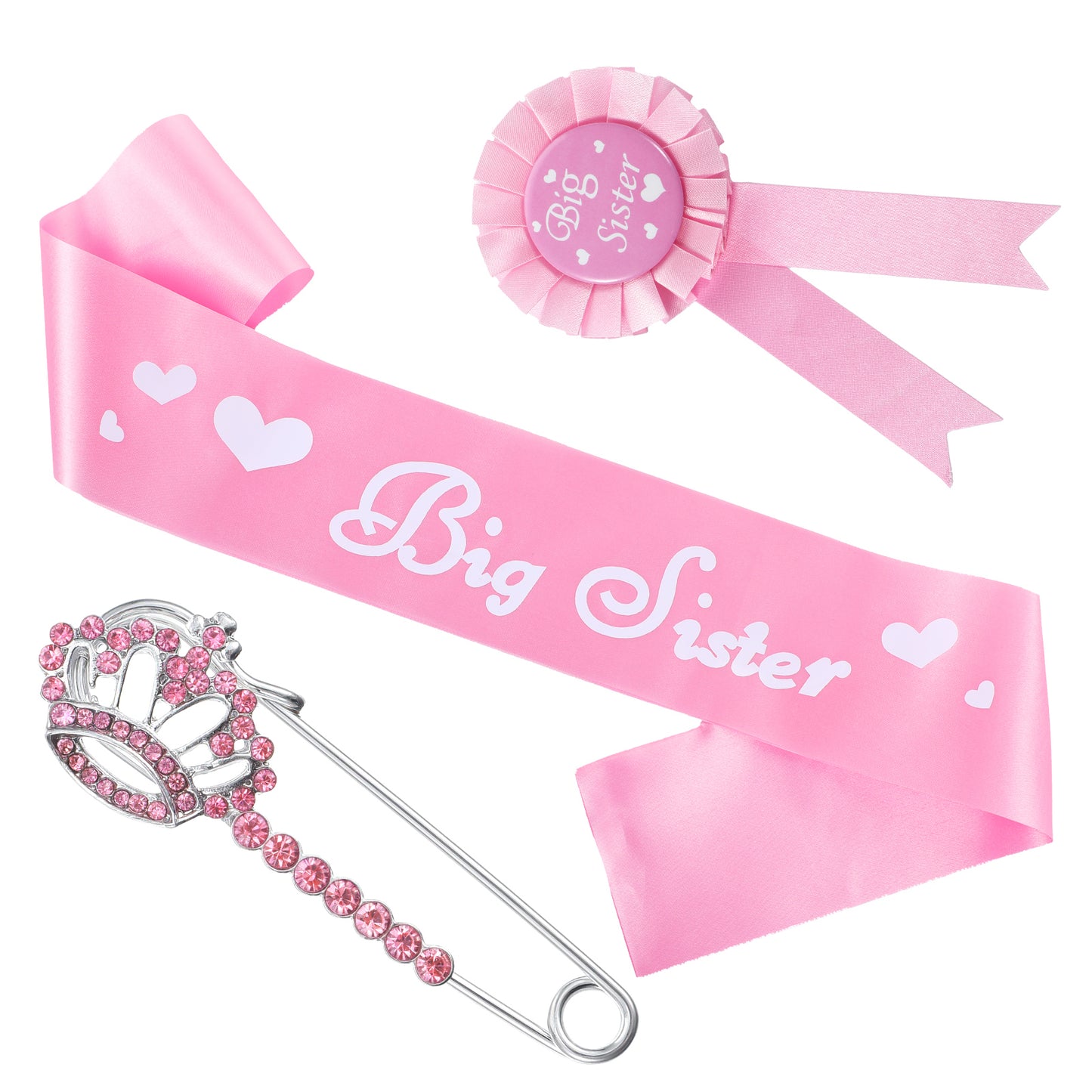 Heclia 3Pcs Big Sister Pink Accessory Set Sister to Be Kit Sparkling Girl Accessories Including Cute Shoulder Strap Badge Crown Brooch for Baby Shower Party Announcement Party Props Decorations