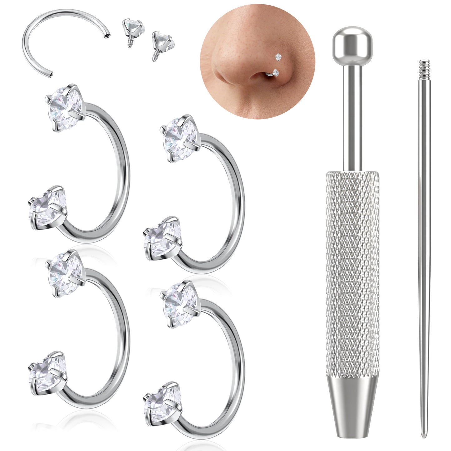 Heclia Nose Rings Horseshoe Lip Ring Multi-Purpose Lip Piercing Jewelry Stainless Steel Horseshoe Earring Cubic Nostril Piercing Small Septum Ring for Women Men Tragus Helix Earrings Studs