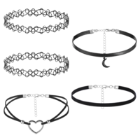 Gjinxi 5pcs Black Necklaces Choker Set for Women, Classic Gothic Boho Moon Velvet Necklace Adjustable Love Heart Leather Cord Choker Necklace Punk Goth Layered Collar Clothes Jewelry Accessories