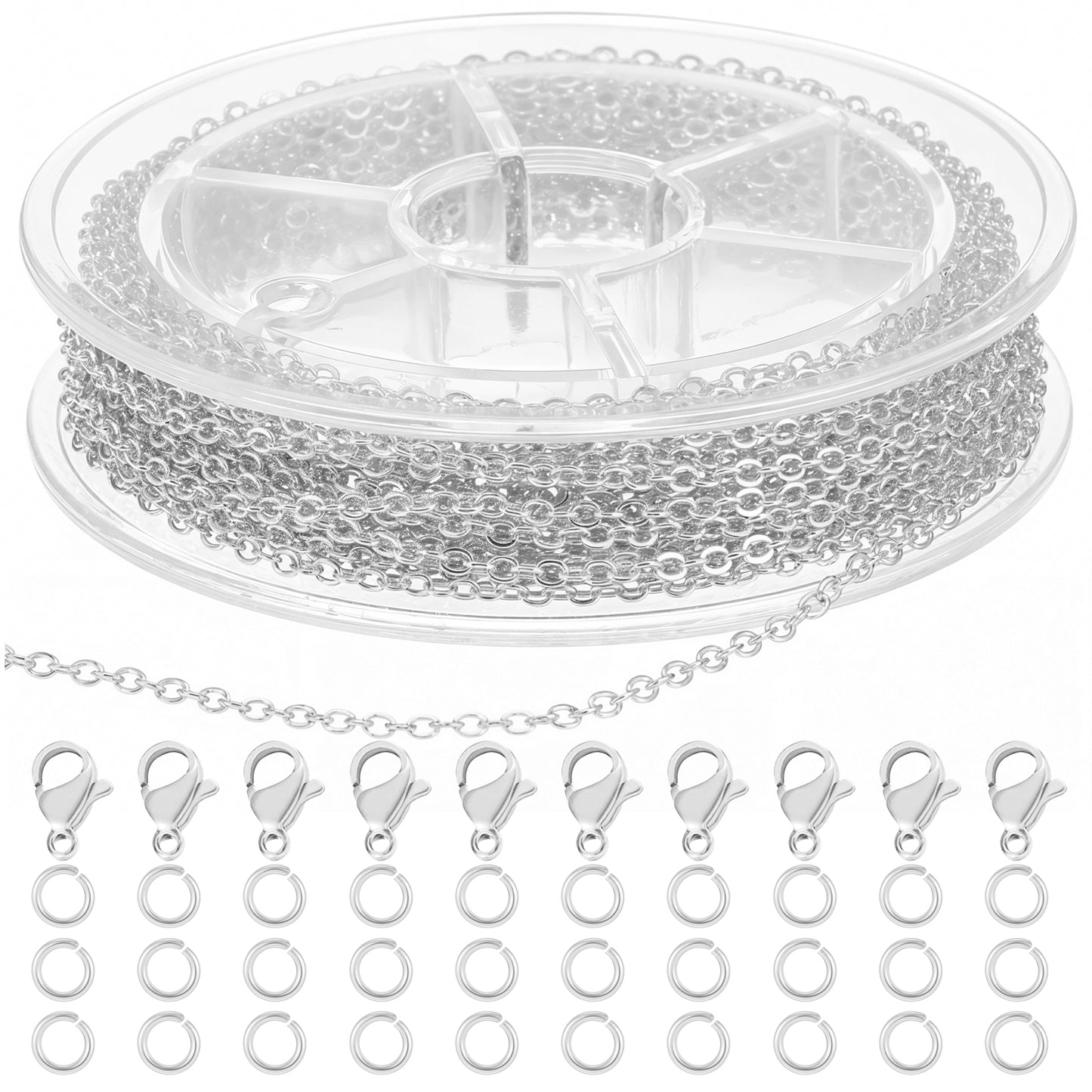 Wanmu 2 Pcs 16ft Stainless Steel Silver Chain for Jewelry Making Supplies, 1.5M Non Tarnish Necklace Link Cable Chains Roll with 20 Lobster Clasps, 60 Jump Rings for Men Women Charm Bracelet Craft DIY