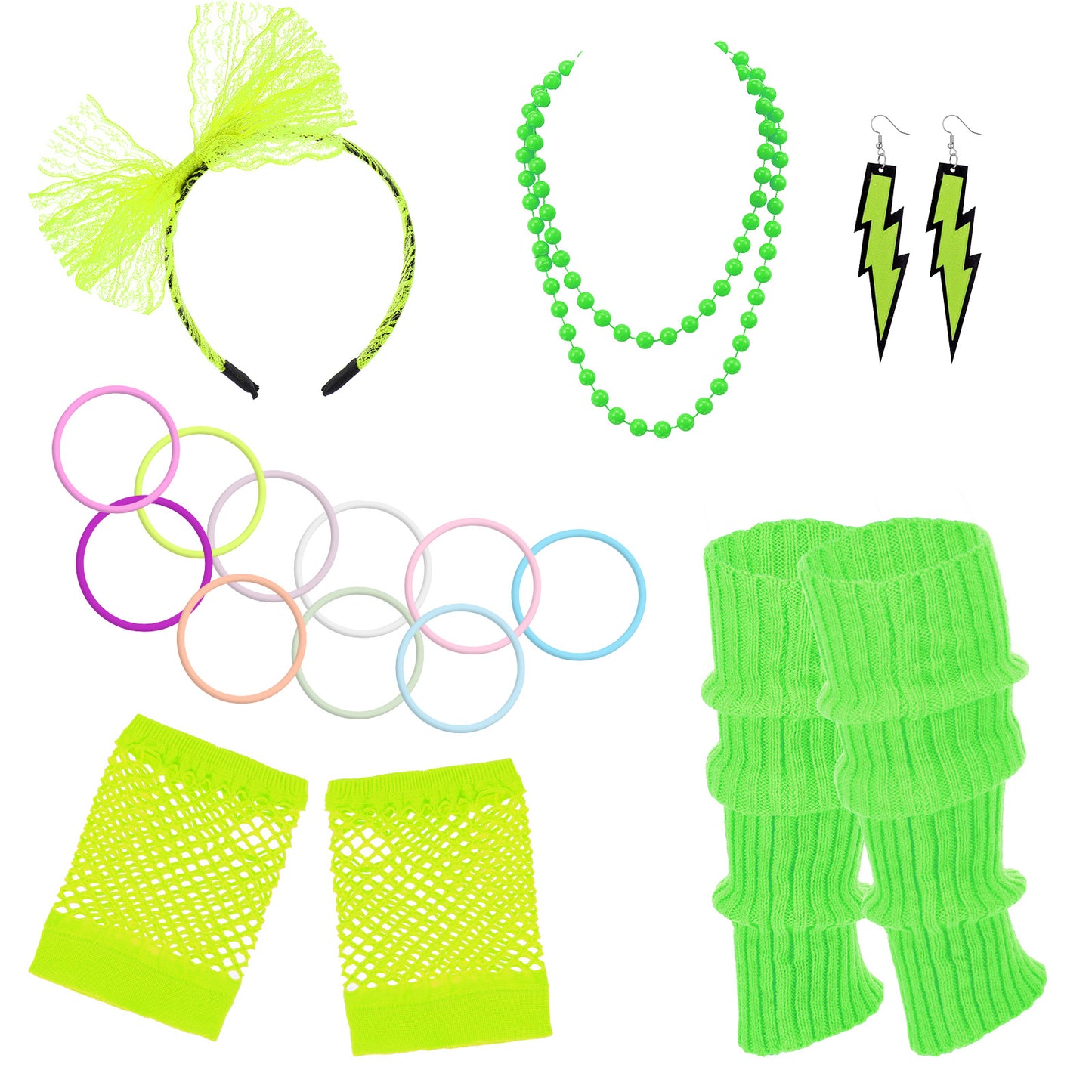 Wanmu 80s Fancy Dress Costumes Accessories, 1980s Women Party Outfit Set Headband, Errings, Fishnet Gloves, Necklace, Bracelet, Leg Warmers for Christmas Halloween Cosplay (Green)