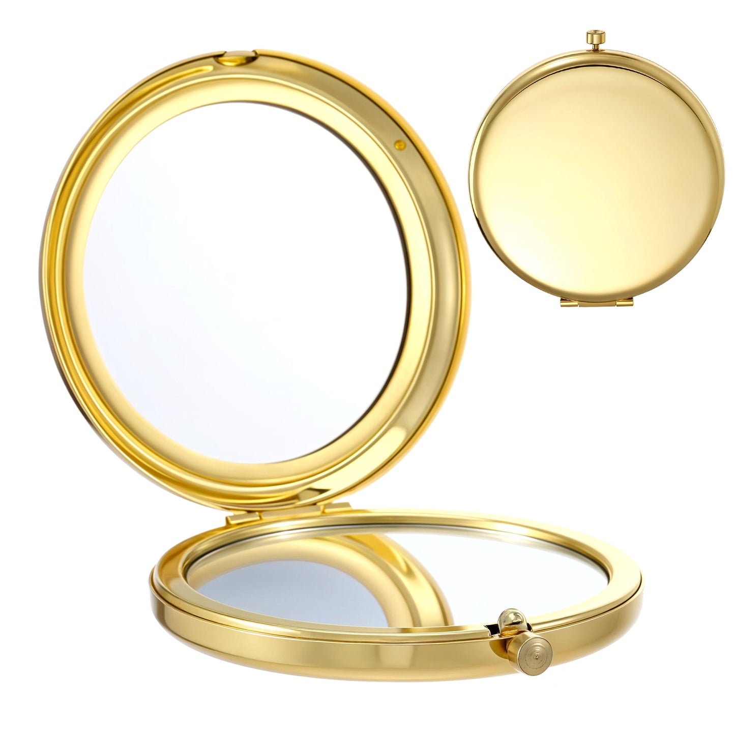Wanmu 2Pcs Compact Mirror for Purse, Mini Double-Sided 1X/2X Magnifying Cosmetic Mirror, Elegant Metal Round Pocket Makeup Mirrors for Travel(Gold, 2.6")