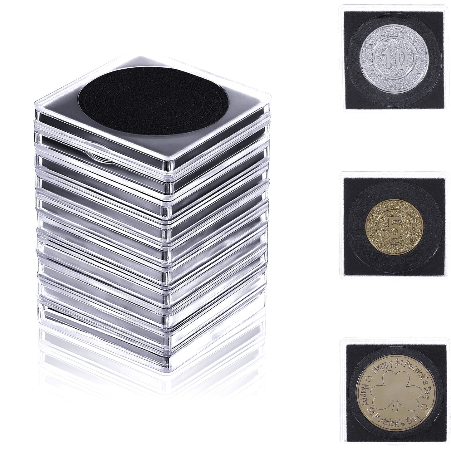Wanmu 10pcs Coin Cases Clear Acrylic Coin Capsules Silver Coin Holder With 5 Sizes Black Adjustable Gaskets Coins Protector for Collectors Dollars Pounds Cent Collection Supplies (17.5mm-40mm)