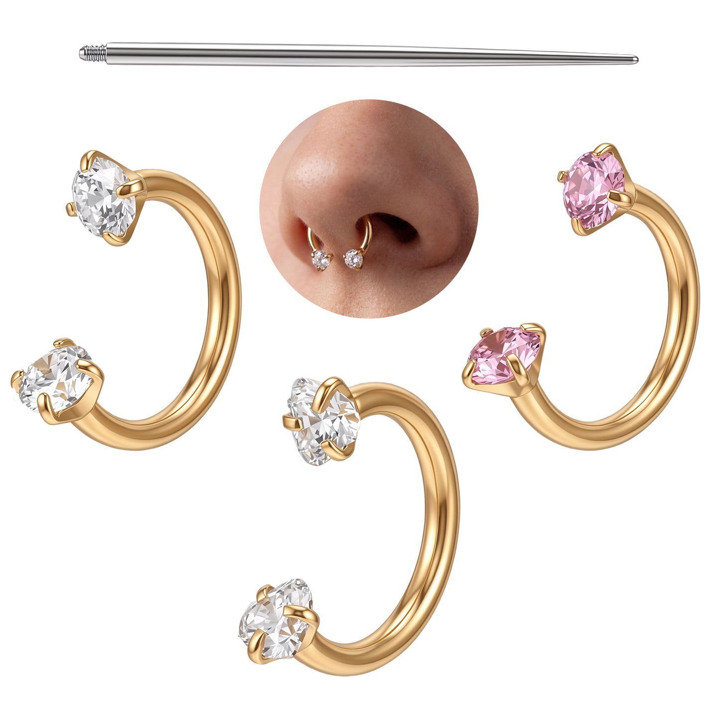 Hadnves 4 Pcs Horseshoe Nose Rings Stud Gold Nose Hoops Half Hoop Earring Hoops Horse Shoe Daith Tragus Earring Helix Labret Lip Piercing Thread Needle Tool Piercing Jewelry for Women Men