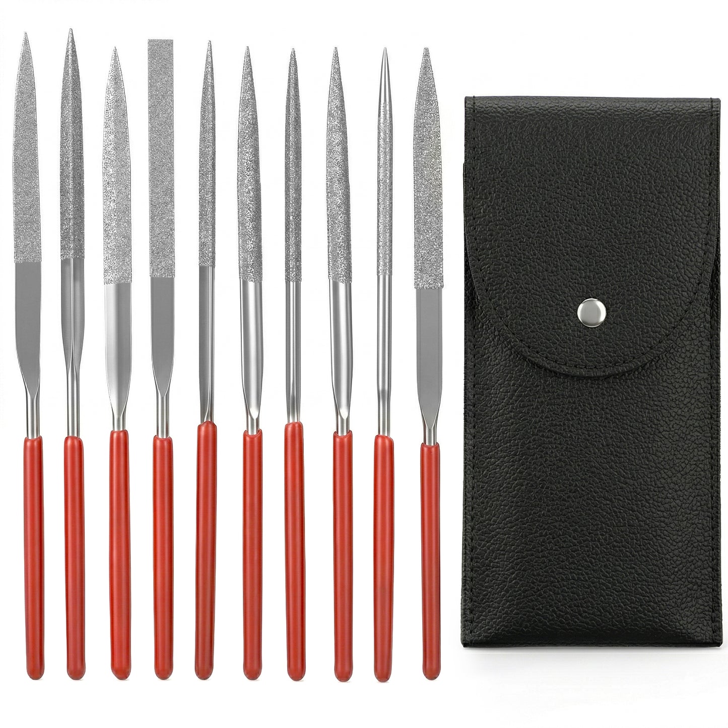 11 Pcs Mini Diamond Needle File Set Small Metal Riffler Files Jewelers File Precision Hand Tools with Leather Case for Glass Wood Stone Jewelry Plastic Carving Round Triangular Square Flat Shape