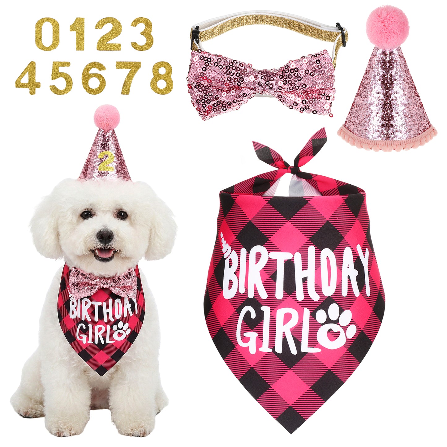 Pink Dog Birthday Bandana Set, Dog Birthday Party Supplies with Hat Bandana Bow Tie Numbers Adjustable Pet Anniversary Outfit for Small Girl Pets Puppy