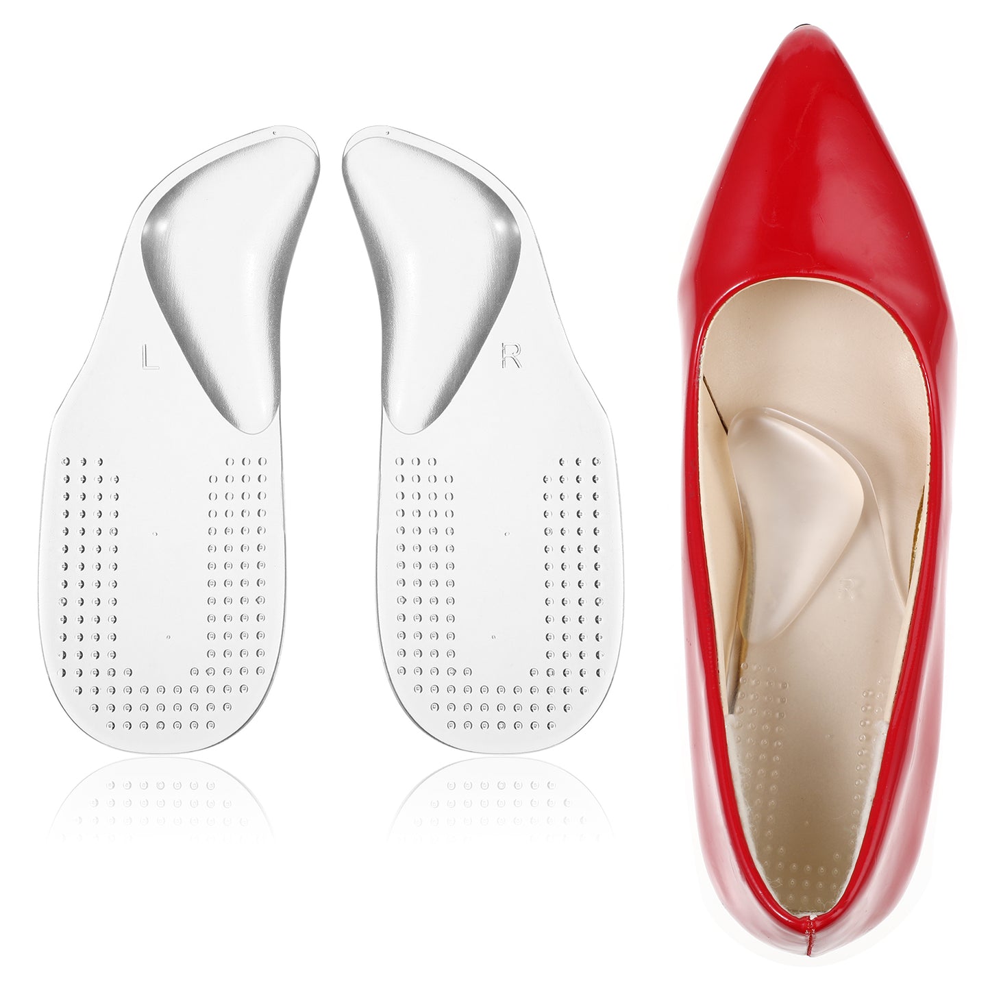 Arch Support Shoe Inserts for Plantar Fasciitis Relief, Soft Gel Insole Pads Adhesive Foot Arch Inserts for Flat Feet and High Arch Pain, Reusable Heel Support Cushion for Plantar Fasciitis(L)