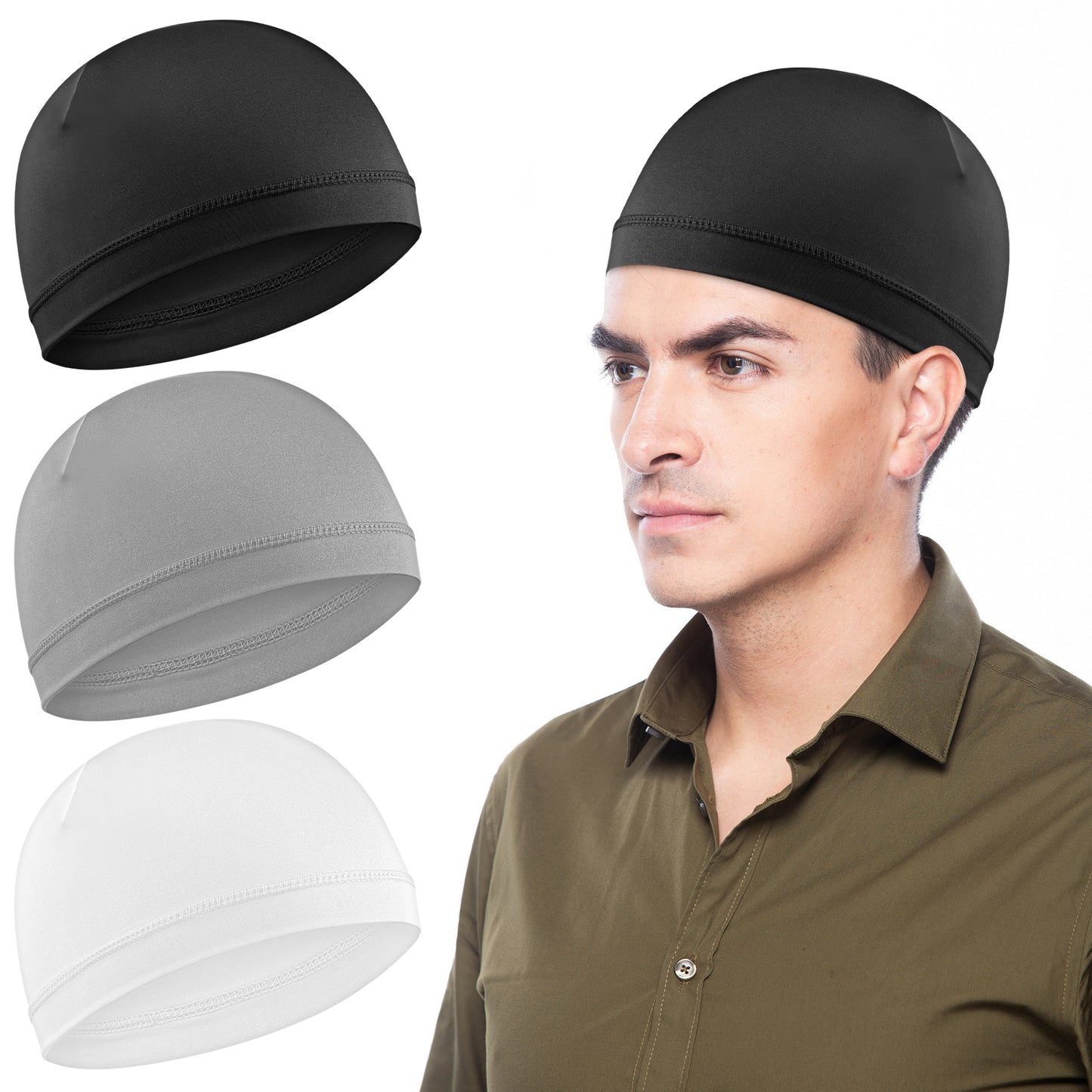 3pcs Cooling Skull Caps Helmet Liner Sweat Wicking Thermal Running Beanie Stretchy Cycling Skull Caps Lightweight for Men Women (UK, Alpha, One Size, Black; Light Grey; White)