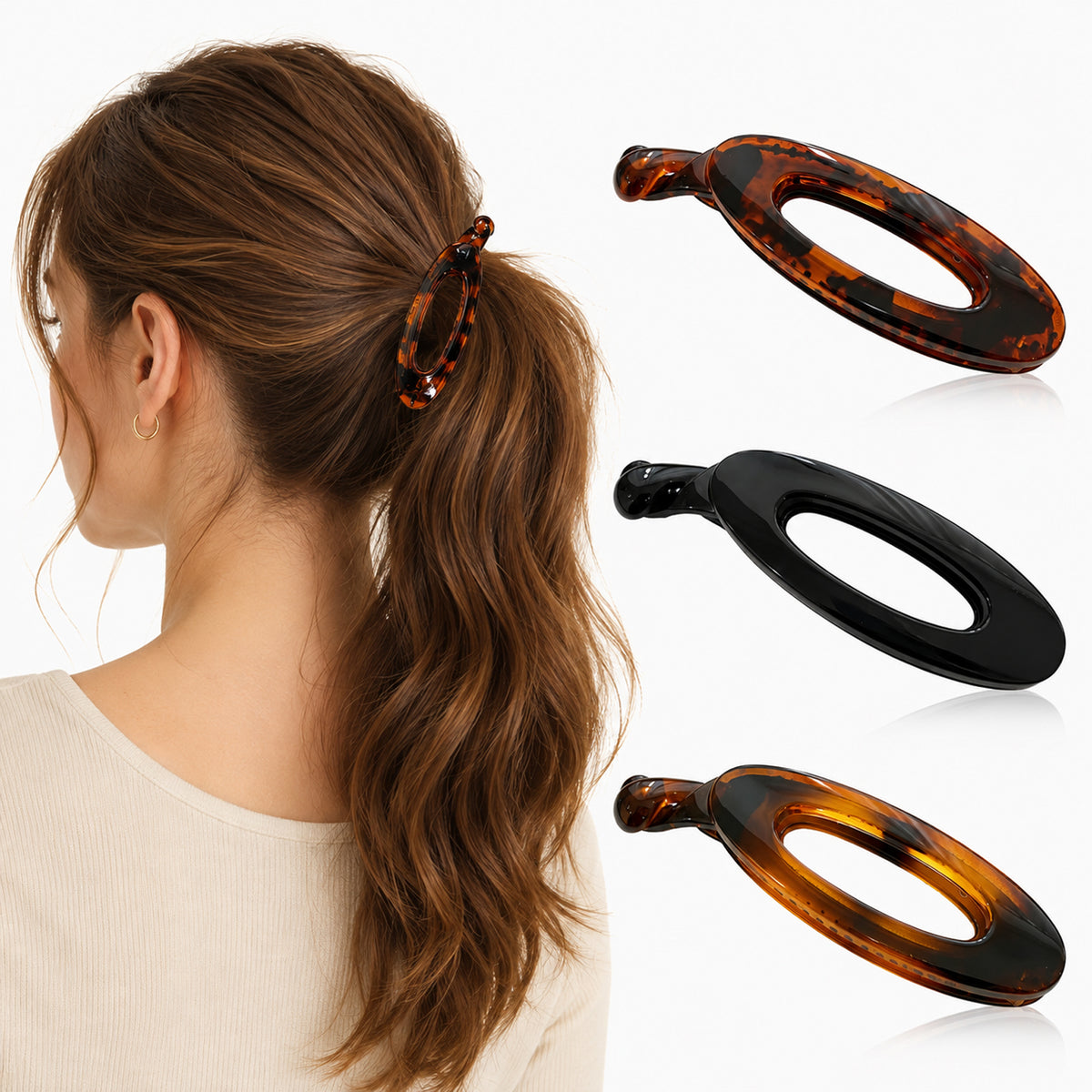 Qianyu 3 Pcs Banana Hair Clip Oval Ponytails Hair Barrette Thin Fine Hair