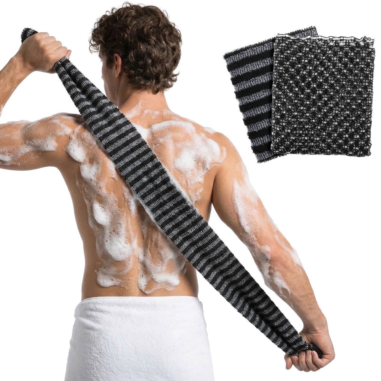 KFHENSOMR 2Pcs Japanese Exfoliating Towel Scrub Wash Cloth for Body Face 2-in-1 Exfoliating Towel-Body Scrubber with 2 Sides for Women Men Exfoliating Body Scrubber for Cleaning & Spa (Black)