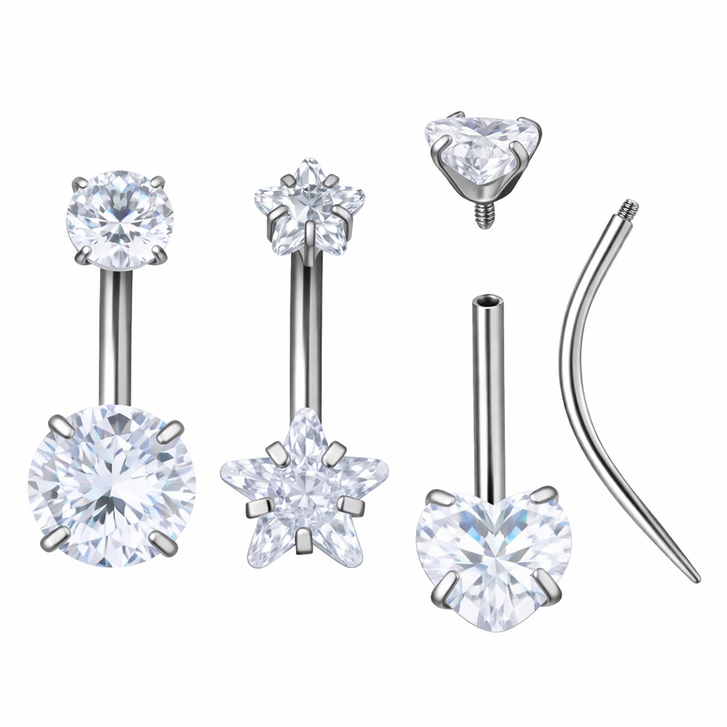 Hadnves 4 Pcs 14 Gauge Belly Button Ring with Guide Rod Long Bar Internal Thread Navel Rings Cubic Zirconia Surgical Steel Piercing Jewelry for Women Men Silver