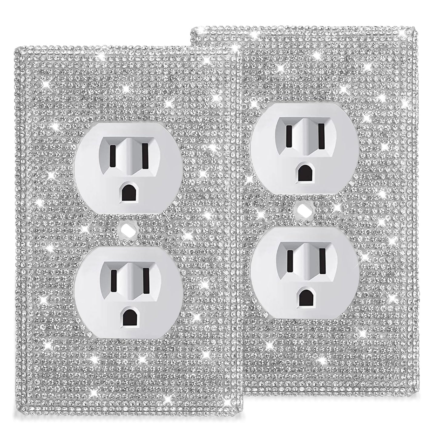 2Pcs Rhinestones Wall Plate Cover Shiny Silver Outlet Covers Bling Rhinestones Light Switch Cover Glitter Double Outlet Wall Plate for Women Girls Receptacle Bedroom Bathroom Kitchen Decorations