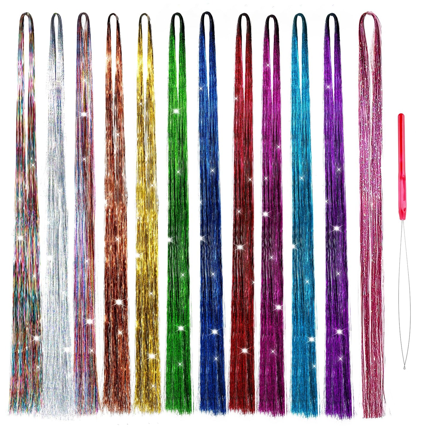 Sibba Hair Tinsel Kit 12 PCS Braiding Extensions Braids Heat Resistant Glitter Colorful Color Silver Gold Bling Sparkle Strings String Clip Tip Braid Wigs Fairy Christmas Party Girls Crochet Tool