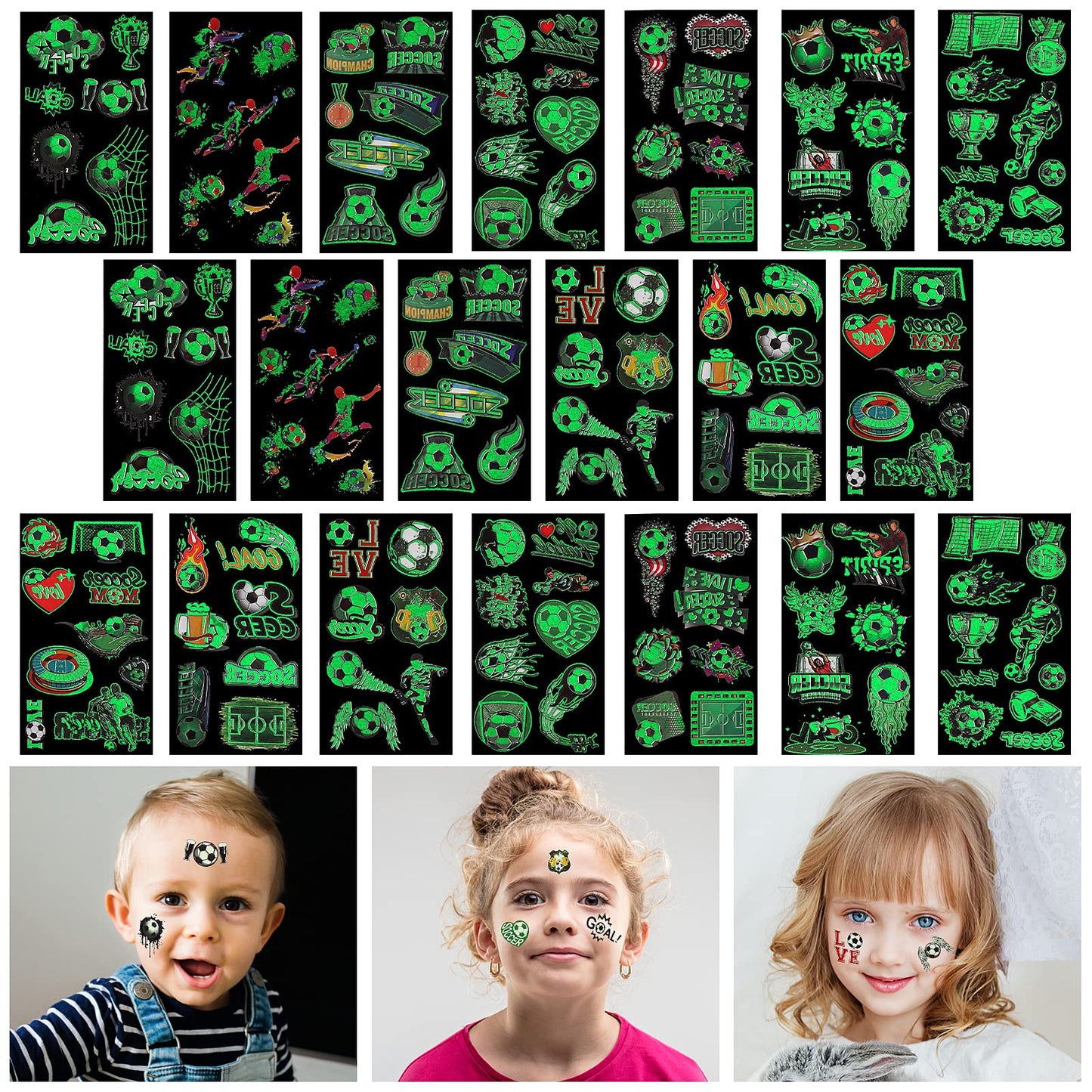 Sibba Temporary Tattoo for Kids 20 Sheets Football Cartoon Transfer Tattoos Glow In The Dark Holiday Tattoo Sticker Football Luminous Fake Tattoo Boys Sport Theme Party Supplies Halloween Decoration