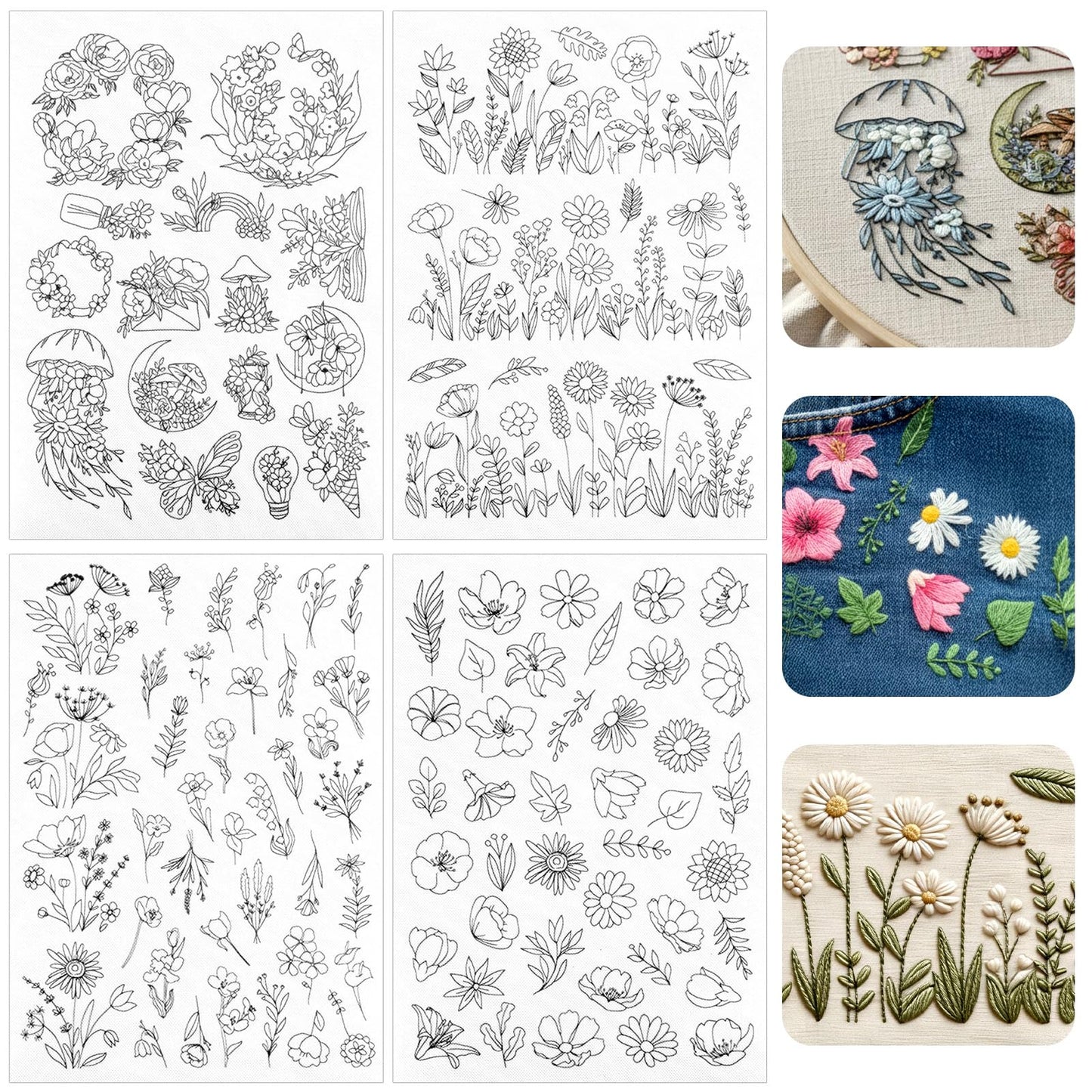 ElevateTech Water Soluble Embroidery Stabilizers, 4Sheet Stick & Stitch Embroidery Paper Wash Away Stabilizer Pre-Printed Floral Flowering Shrubs Plant Leaves Designs for Hand Sewing