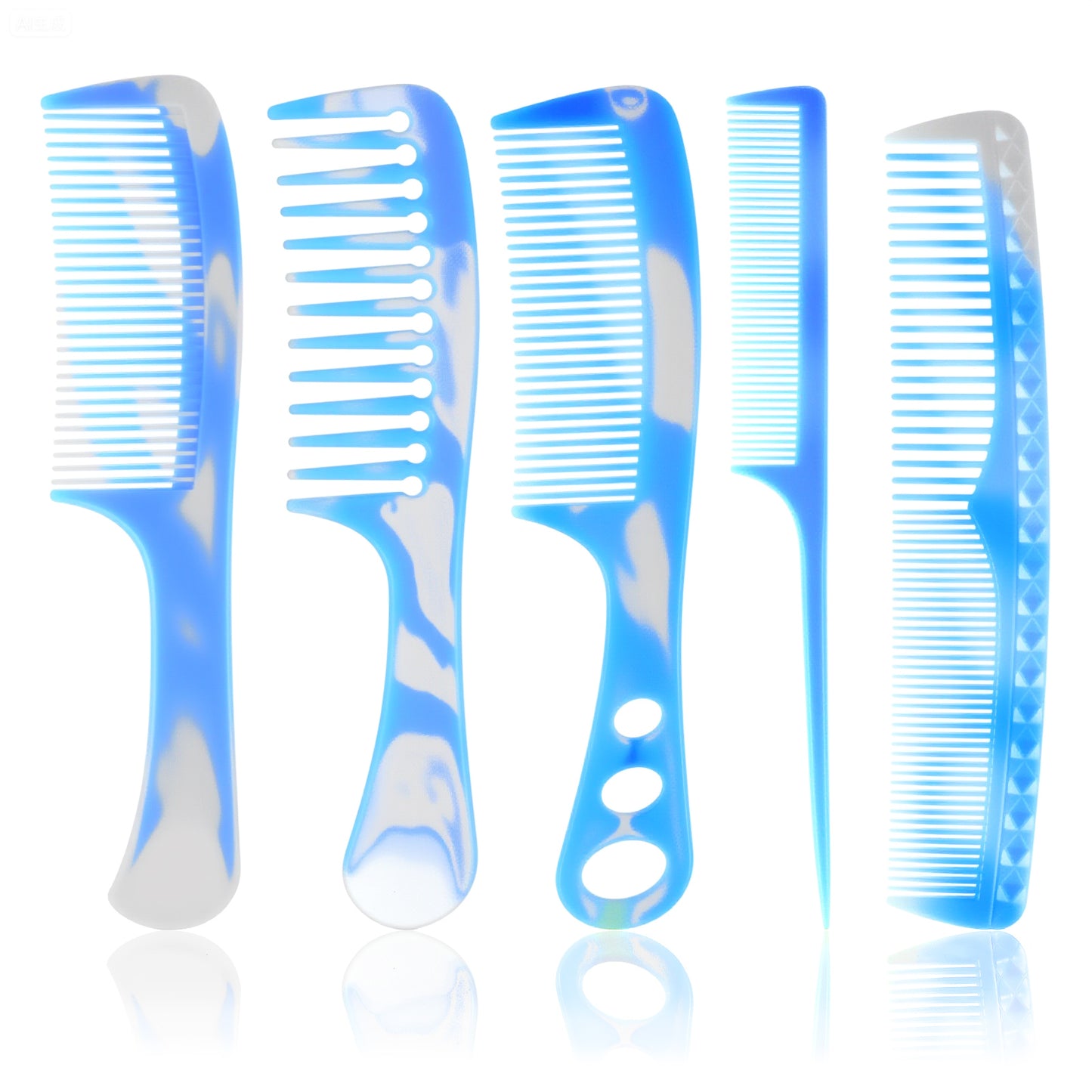 Wanmu 5PCS Blue Hair Comb Set Premium Carbon Fiber Wide Tooth, Fine Tooth, Rat Tail, for Teasing and Parting, Professional Combs for Hair Stylist and Girl