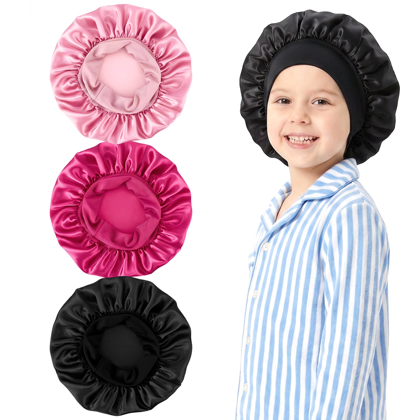 Heclia Kids Bonnets 3 Pcs Satin Hair Bonnet Kids Sleep Bonnet Wide Band Sleeping Cap Soft Hair Cap for Sleep Curly Hairs Wrap