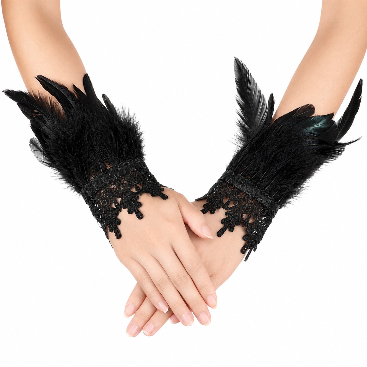 Heclia Women's Gothic Lace Feather Gloves Wrist Cuffs Feather Arm Sleeve