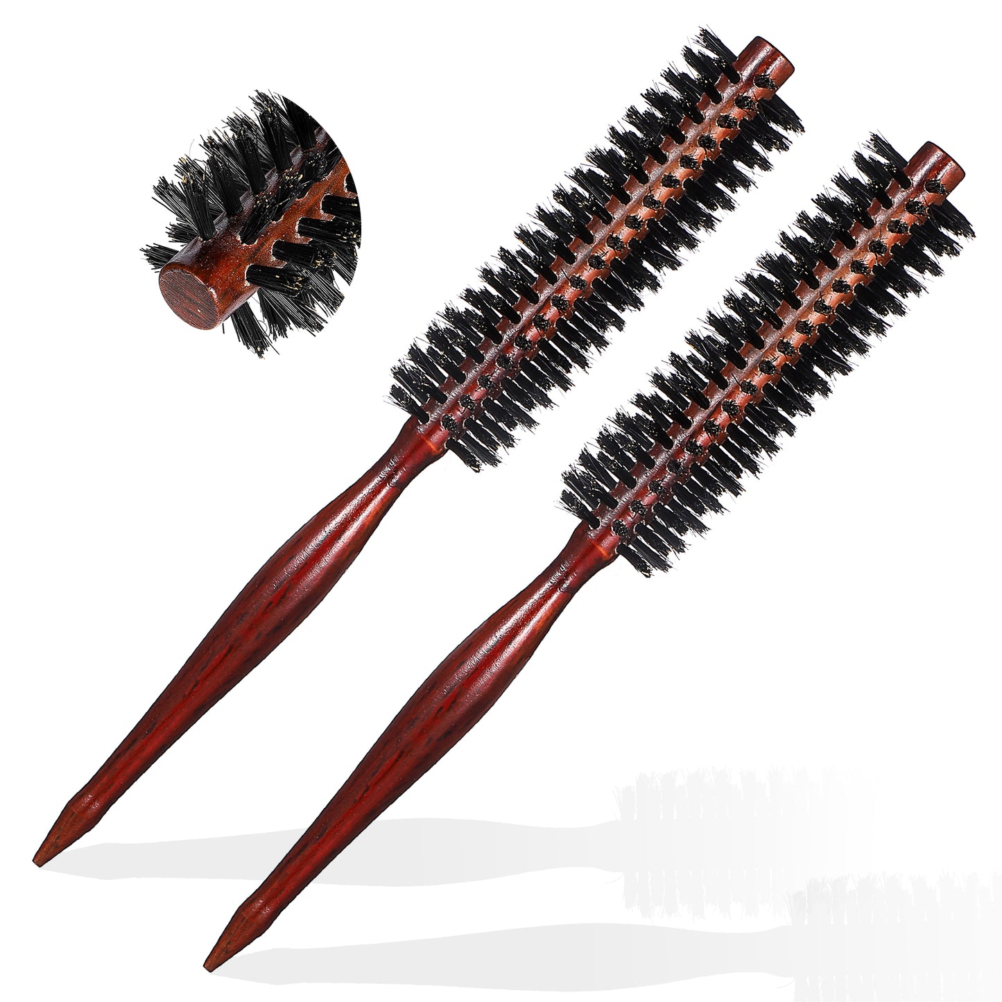 Wanmu 2Pcs Small Boar Bristle Round Brush, 1.3 inch Portable Natural Mini Round Hair Brush with Wood Handle for Women and Men's Fine Thin Hair or Beards Straightening Curling Volumizing Detangling