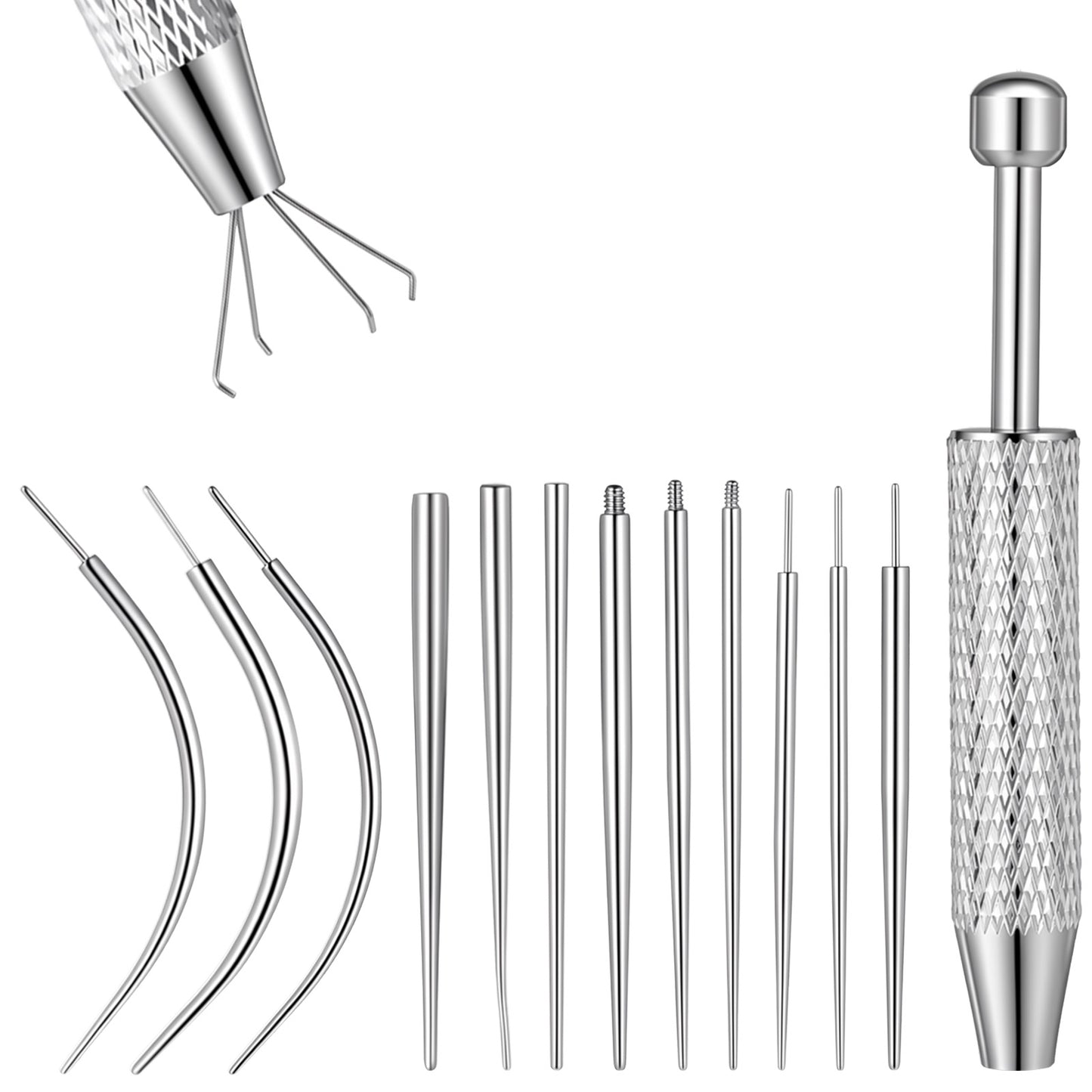 Hadnves Piercing Taper Ball Grabbing Tool Stainless Steel Flat Back Pin Applicator Threaded Internal External Body Needle Kit Changing Jewelry Replacement for Ear Nose Navel Nipple Lip Eyebrow