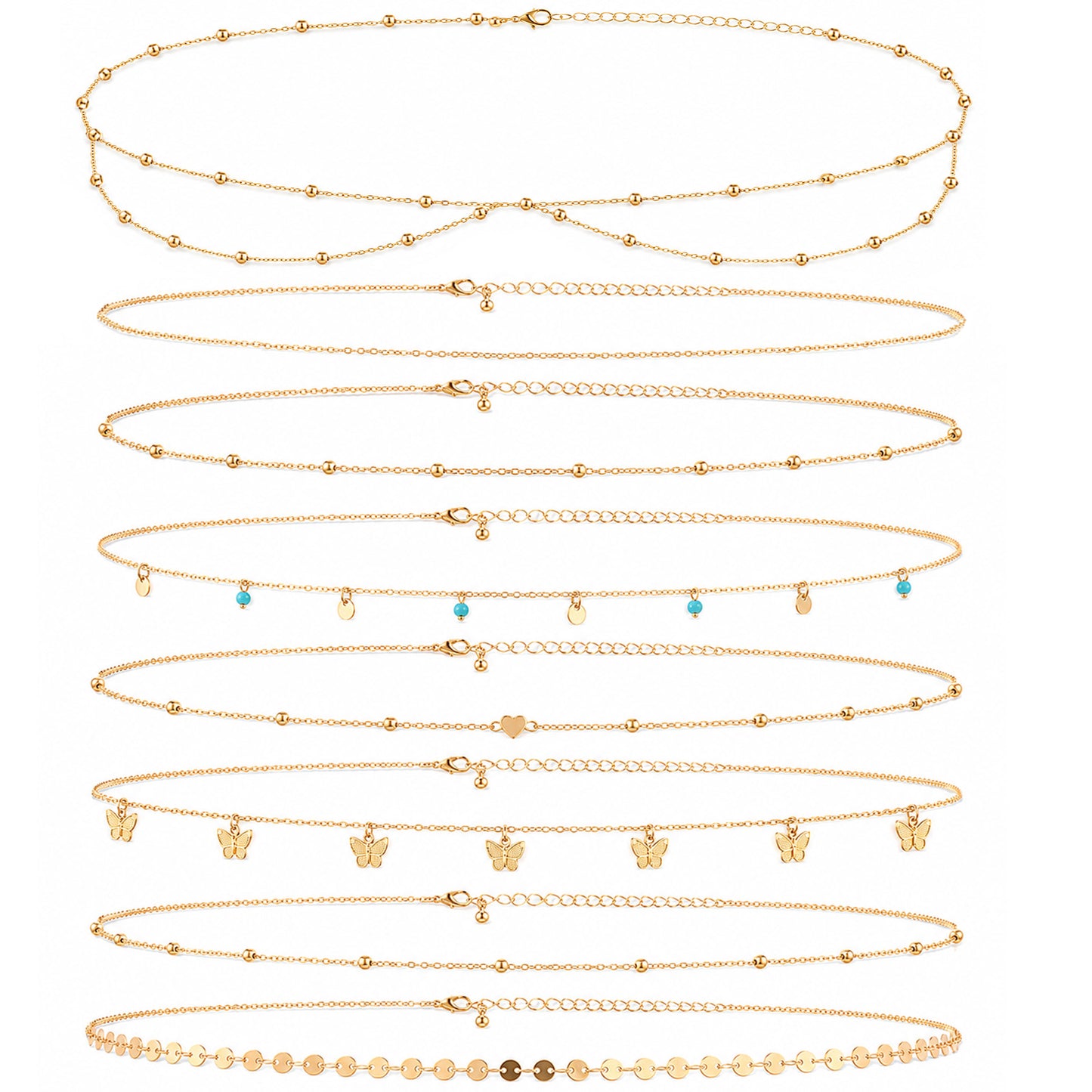 Ptwola 8 Pcs Gold Belly Chain for Women Adjustable Waist Jewelry 18K Gold Plated Body Chain for Summer Beach Sexy Accessories (Style 2)