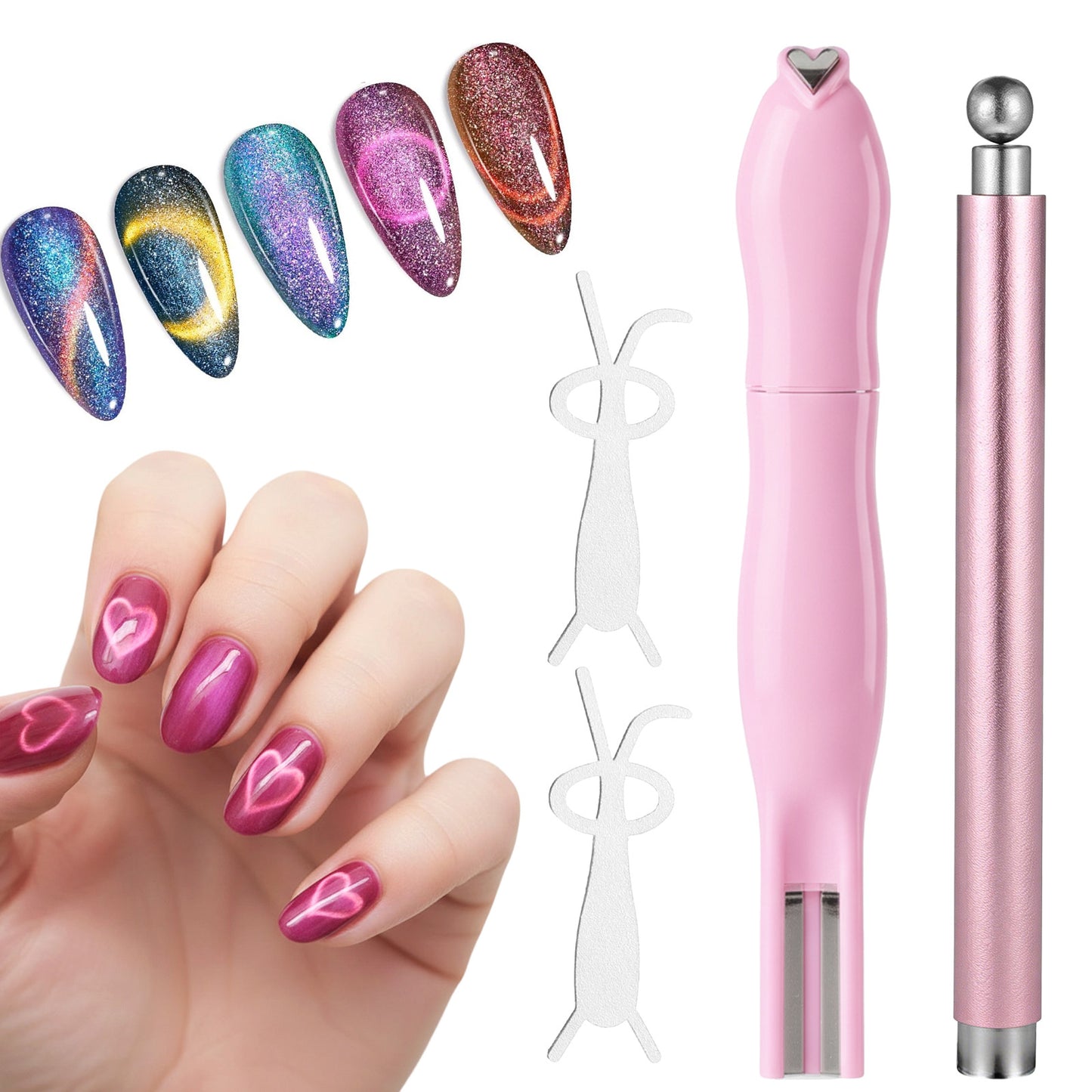 Qianyu 3 in 1 Cat Eye Nail Magnet Heart Magnet for Cat Eye Gel Polish Magnets Nail Art Tool with Dual-Ended Pen 2Pcs Bunny Guides 3D Nails Art Designs Multifunctional Accessories for Home DIY Salon