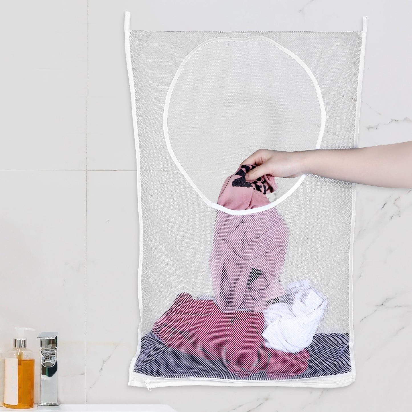 COMNICO Mesh Laundry Bags, 1Pcs Large Hanging Laundry Hamper Bag 30 x 20 Inch with 2 Adhesive Hooks Foldable Wall Hanging Laundry Basket for Dormitory Travelling College Apartment Camping RV