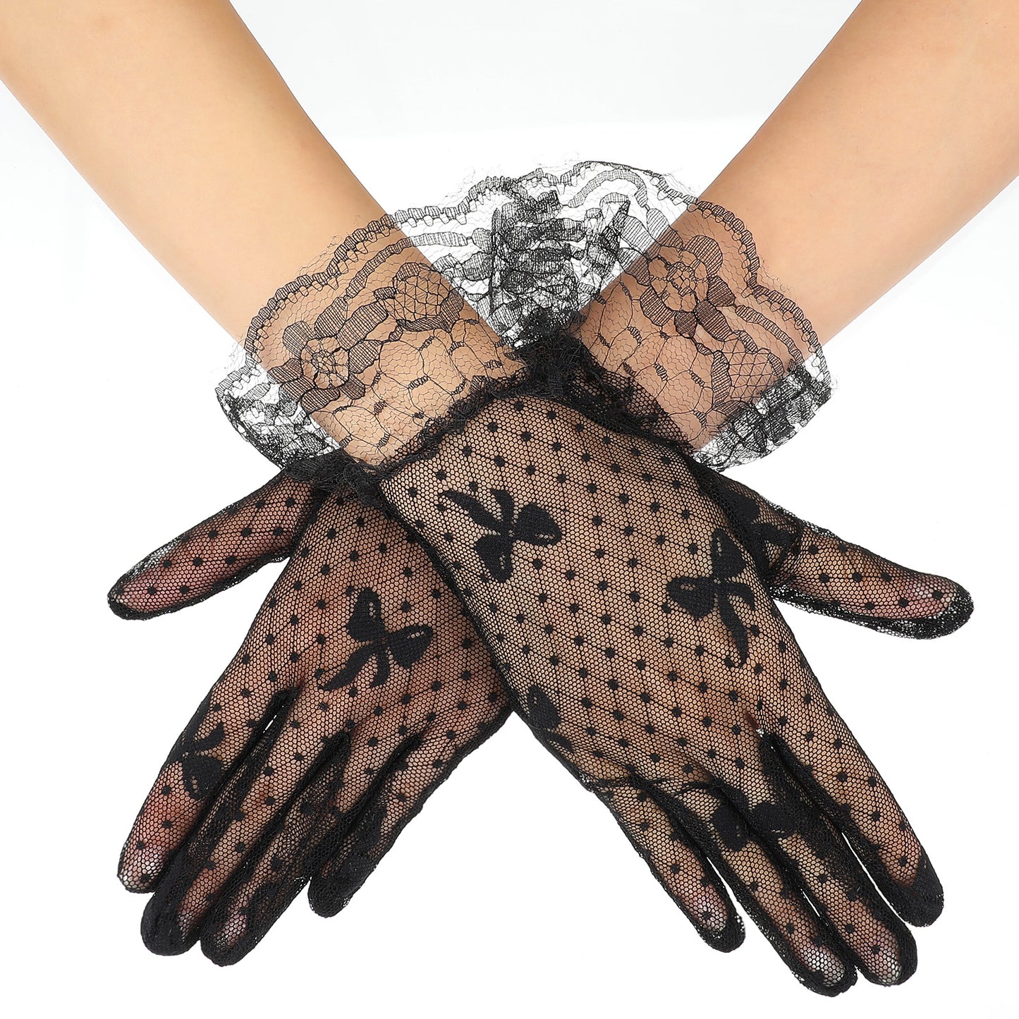 COMNICO Ladies Short Lace Gloves Elegant Mesh Cutout Fishnet Sleeves 1920s Halloween Cosplay Gloves Floral Hand Accessories Bride Wedding Dinner Dress Evening Costume for Women Tea Party Opera (Black)