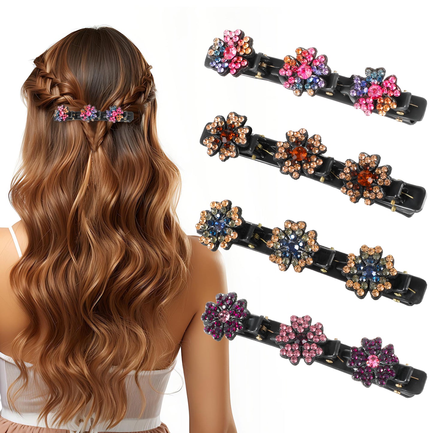 COMNICO Sparkling Crystal Stone Braided Hair Clips, 4Pcs Duckbill Hairpins Shiny Rhinestone Hair Clip Hairpin Hair Accessories for Women and Girls Styling Sectioning