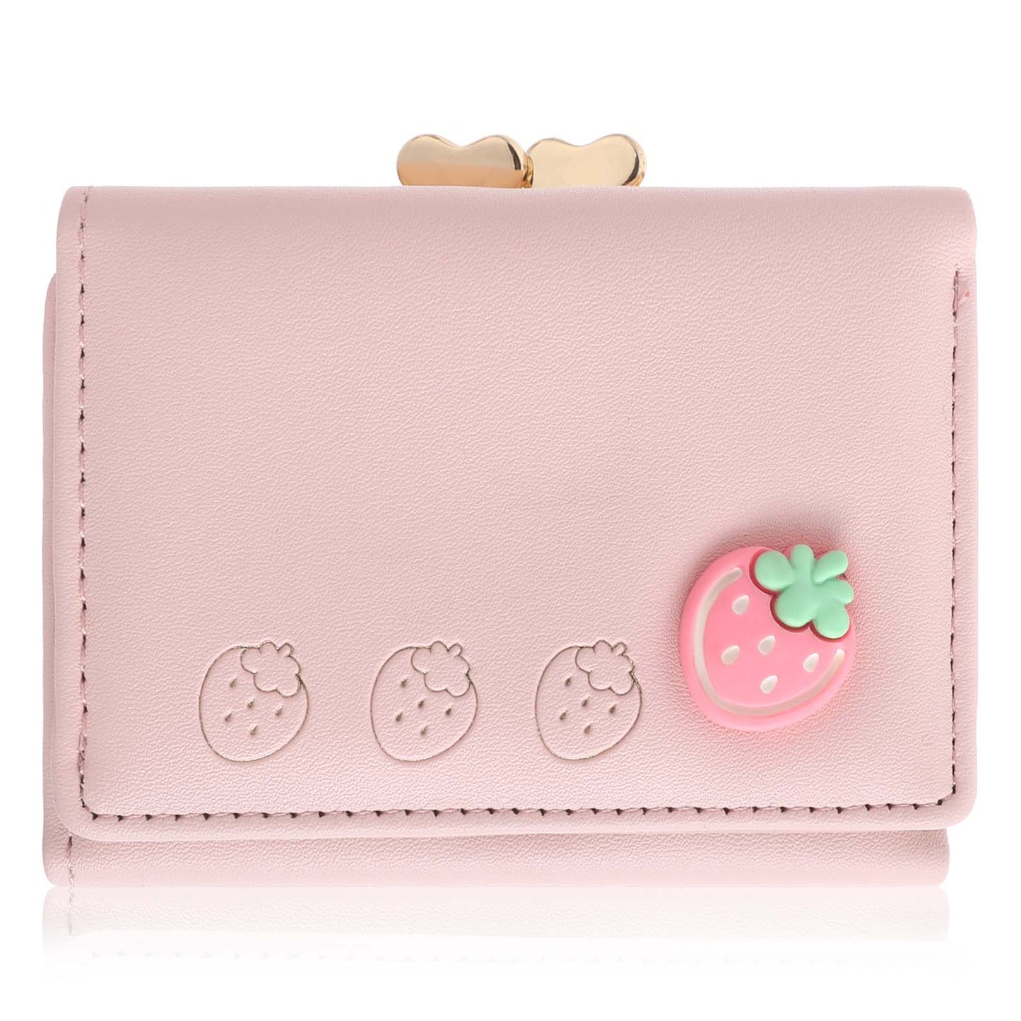 COMNICO Women Wallet, 1Pcs Fashion Strawberry Wallet Card Holder Cute Small Leather Pocket Wallet Pink Water Resistant Tri-Folded Wallet Cash Pocket for Women Girls Ladies