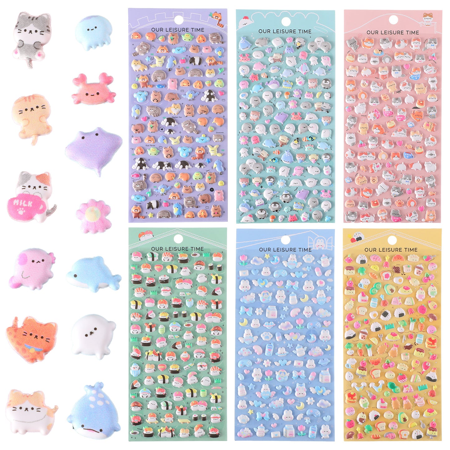 Sibba Cute Mini Puffy Stickers, 6 Sheets 3D Kawaii Animal Stickers, Tiny Sticker Funny Food Cartoon Pattern for Phone Case, Notebooks, Scrapbook, Crafting and Gifting