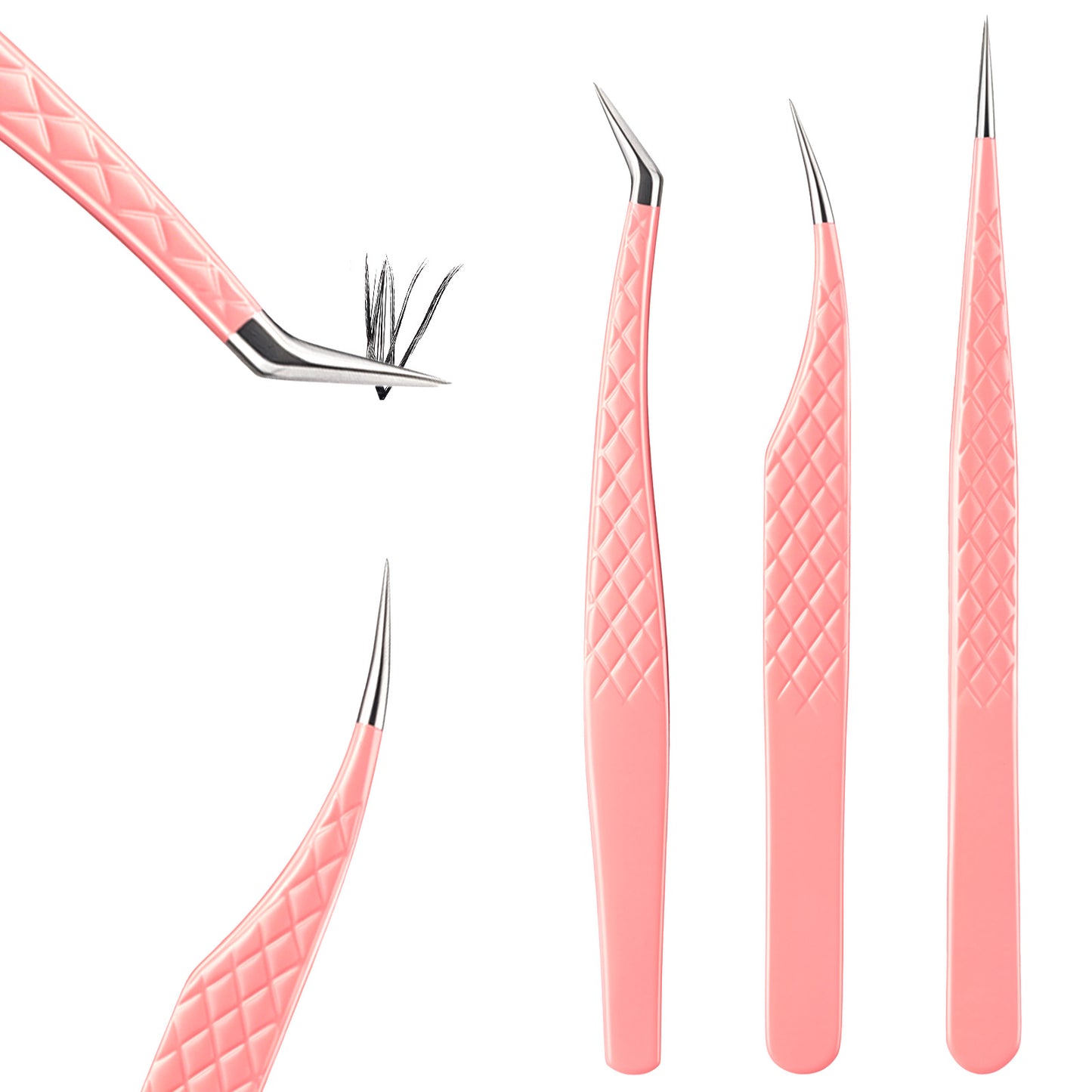 YUXIANLB 3Pcs Lash Tweezers Set for Eyelash Extensions, Bent & Straight Tip Precision Eyelash Extension Tweezers L-Shape Boot Precision Fiber Tip Lash Tweezer Set Non-Slip Grip, Pink