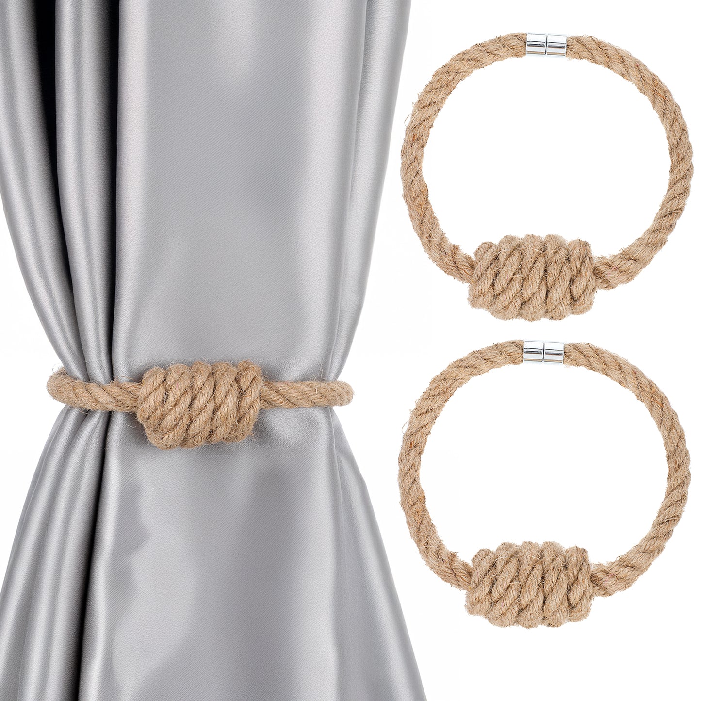 Wanmu 2 Pcs Magnetic Curtain Tiebacks, Boho Jute Curtain Tie backs Holders, Decorative Drapery Holdbacks Pull Backs with Exquisite Knot for Thin or Thick Home & Office Window Drapery - Brown