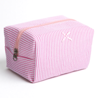 Makeup Bag Striped Travel Cosmetic Bag Pink Cute Aesthetic Pink Stripe Makeup Pouch Soft Portable Zipper Storage Pouch Travel Toiletry Bags for Women Girls Purse Skincare Brushes Beauty Accessories