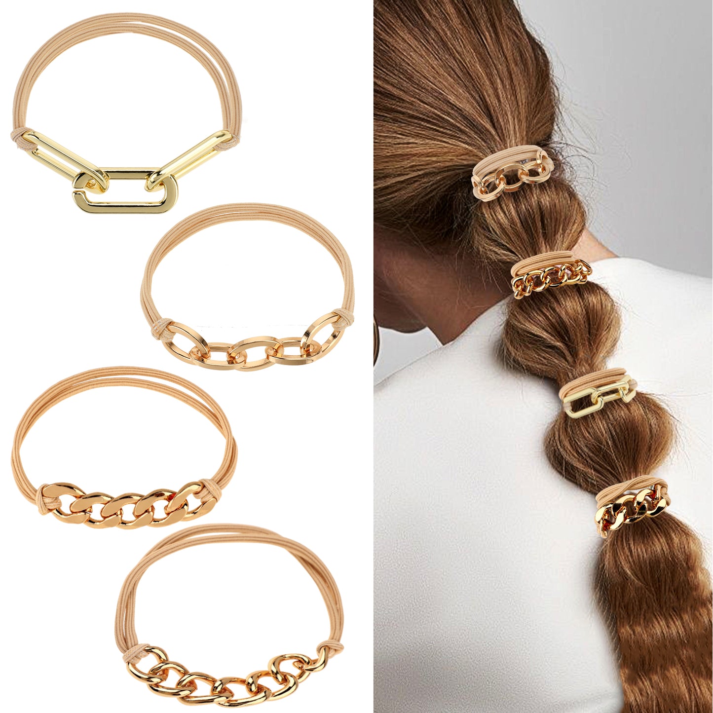 4Pcs Gold Hair Ties Hair Tie Bracelets for Women Cute Wrist Bracelet and Practical Elastic Design Pretty Ponytail Holder Jewelry Luxury Scrunchies for Girls Work Sport Yoga Thick Curly Hair No Damage