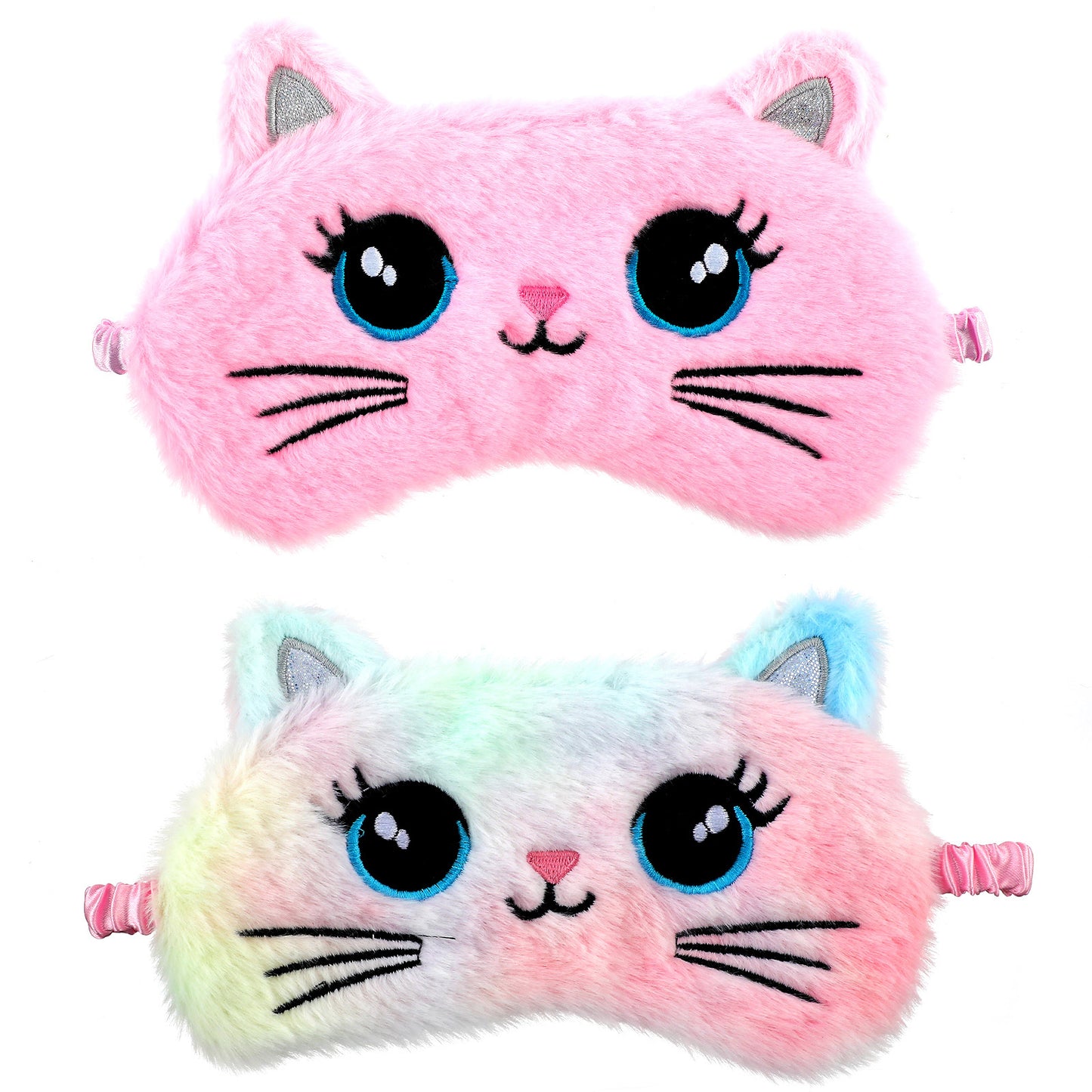 Wanmu 2Pcs Sleep Mask for Kids, Colorful Fuffy Plush Sleeping Eye Shade, Soft Cute Animal Night Blindfold Eye Cover for Women Men Girls Home Travel Nap Gift (Cat)