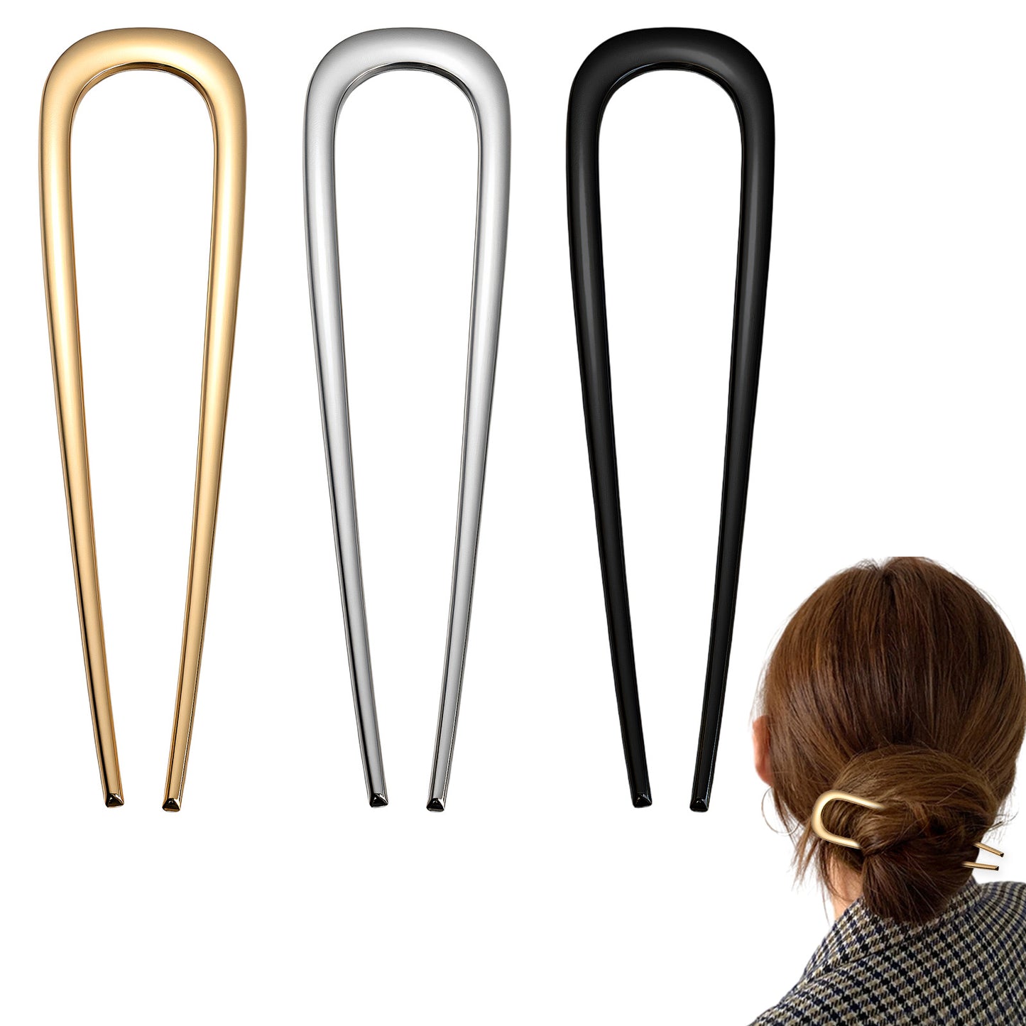 3Pcs French Hair Pins Metal U Shaped Hair Fork Twist Buns Elegant Accessories Designed Secure Comfortable Fit for Women Thin Thick Styling Sticks