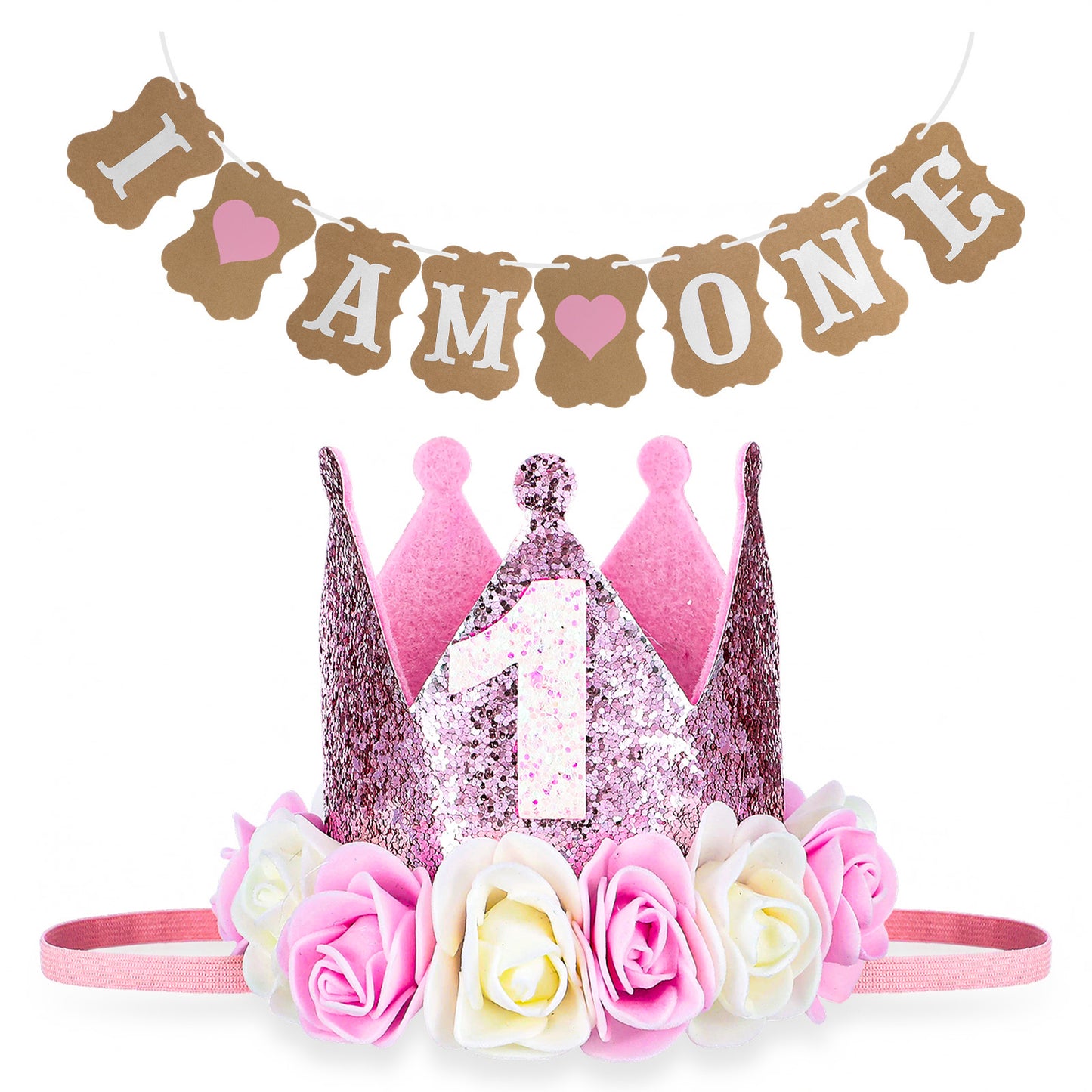 Wanmu First Birthday Crown Hat and Banner for Baby Girls, Pink Sprinkle 1st Birthday Hat with Cute Floral, One Year Old Flowers Princess Outfit for Gift Photo Props Party Decor