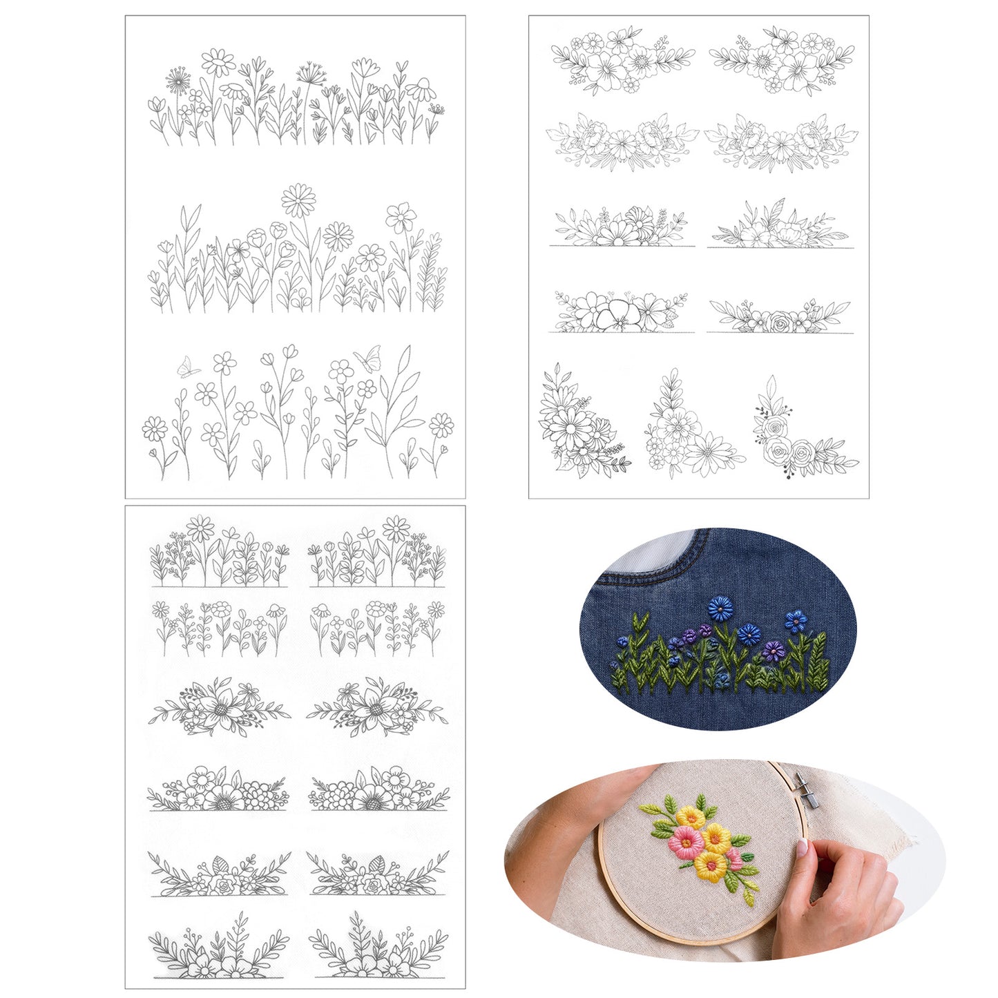 Qianyu 3 Sheets Water Soluble Stabilizer Embroidery Pattern Pre-Printed Hand Sewing Stabilizers Self Adhesive Stick Stitch Stencils Transfers Letter Flower Floral Daisy Paper Wash Away Stabilizers for