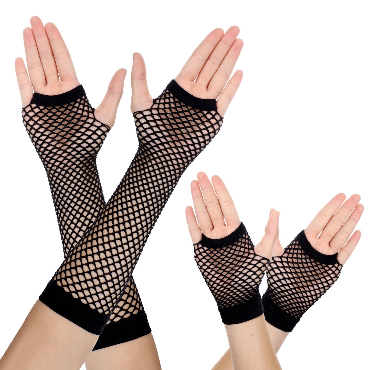 Qianyu 2 Pairs Fishnet Gloves Fingerless for Women Fish Net Arm Sleeves