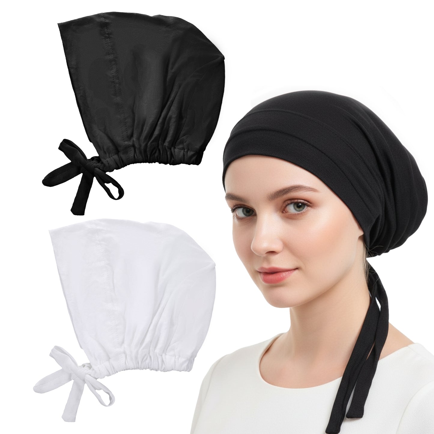 QFGasre 2pcs Hijab Undercap No Slip Women Hijab Cap Adjustable Tie Back Closure Inner Underscarf Solid Color Turban Heads Wrap Chemotherapy Sleep Cap