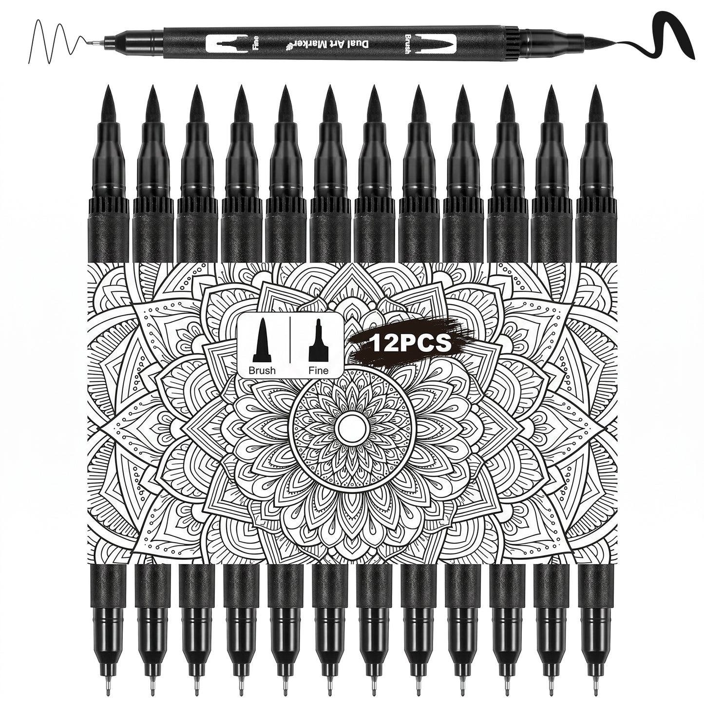 Sibba 12 Pack Black Drawing Pens Black Markers for Drawing Dual Tip Brush Fineliners Pens Fine Point Washable Brush Tip Markers for Adults Art Drawings Sketching Journaling Calligraphy Dooding Marking