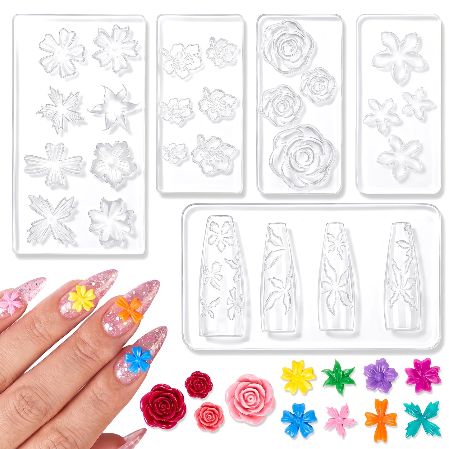QFGasre Silicone Nail Art Molds, 5 Pcs Small Flower Molds for Women 3D Flowers Gel Nail Carving Templates Spring Summer Cherry Hibiscus Blossom Floral Design Nails Charm Modeling Moulds Manicure Tools