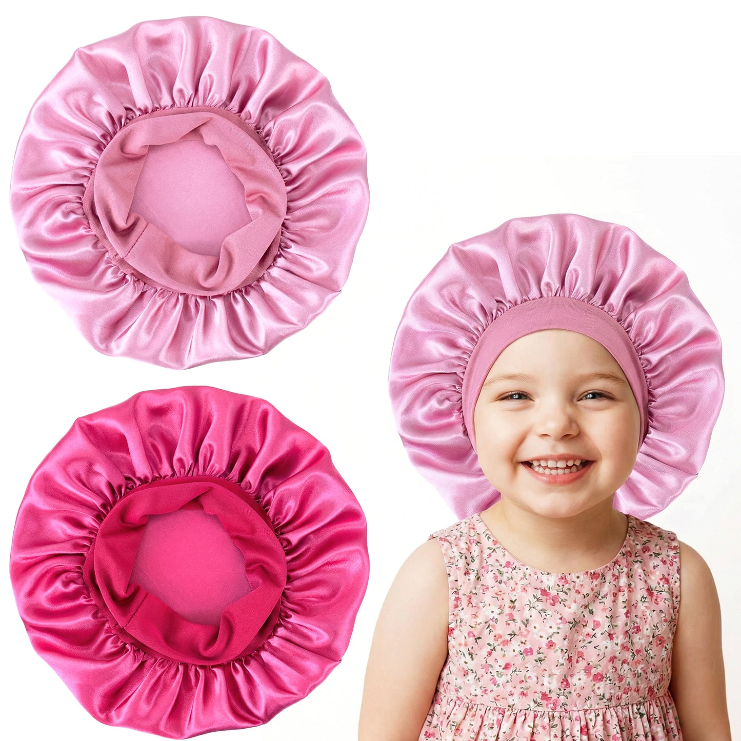 Wanmu 2 PCS Silk Satin Bonnet for Kids Sleeping, Elastic Wide Band Baby Bonnet for Natural Curly Hair, Sleeping Cap for Infant Teens Toddler Child Boys and Girls (Rose Red, Pink)