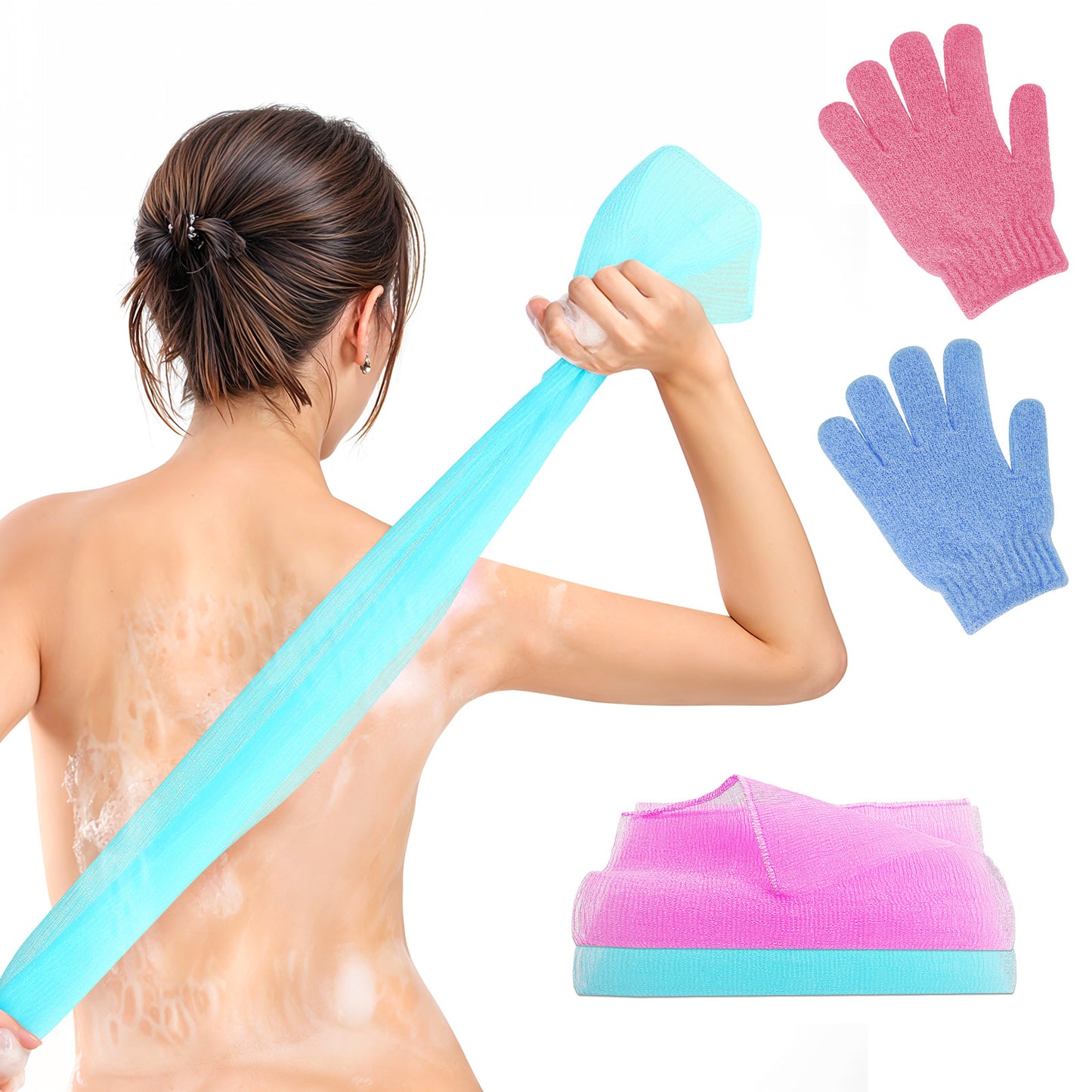 Gjinxi Bath Sets, 2 Pcs Exfoliating Shower Towel and 2 Pcs Exfoliating Gloves Body Scrubber Back Scrubbers for Scrubbing, Shower, Lathering, Deep Cleansing and Dead Skin Removal