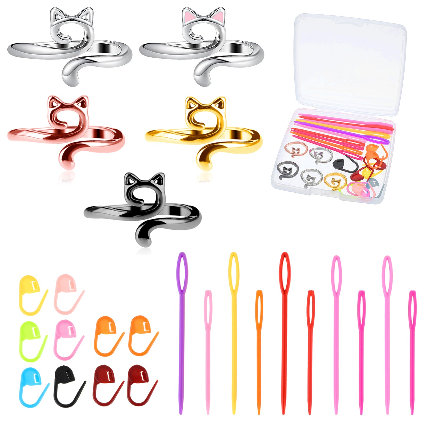 Sibba 5 Pcs Crochet Tension Ring with 20 Locking Clips Stitch Markers & Eyelets Sewing Needles Kit Adjustable Braided Open Yarn Guide Knitting Loop Rings Finger Holders with Box for Crochet Projects