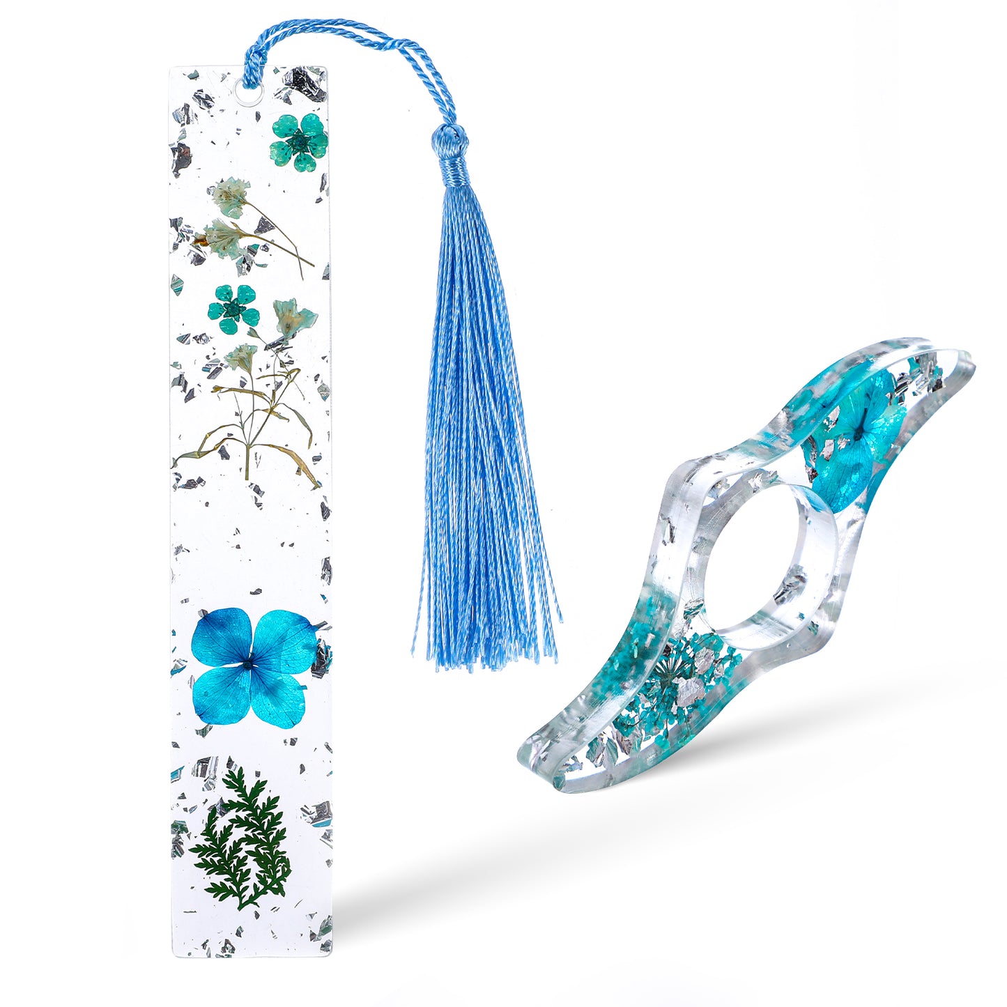 Wanmu 2Pcs Thumb Book Page Holder, Dried Flower Resin Book Page Holder, Book Mark Set Handmade Bookmarks with Tassel, Thumb Bookmark Book Accessories for Reading Lovers(Blue)