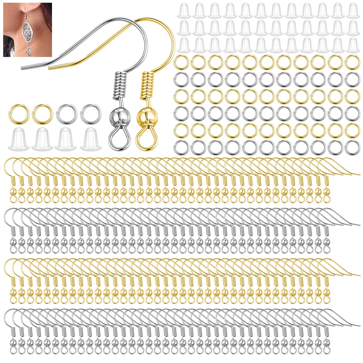 Wanmu 600 Pcs Earring Making Supplies Kit, Earring Hooks Set with Ear Wires Fish Hooks, Clear Silicone Earring Backs Stoppers and Jump Rings for DIY Jewelry Making (Silver, Gold)